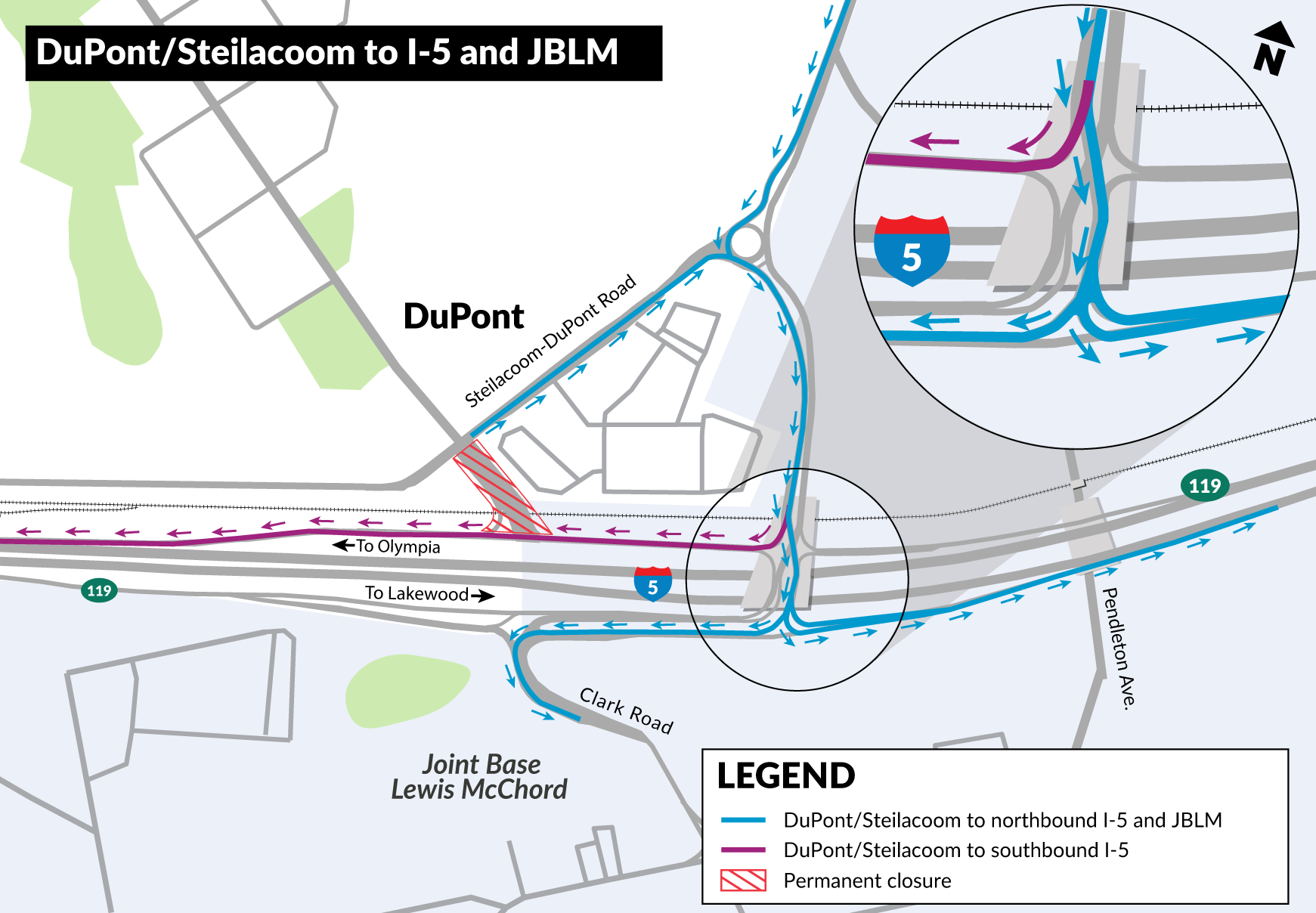A map showing how someone would get from DuPont or Steilacoom to I-5 or JBLM. 