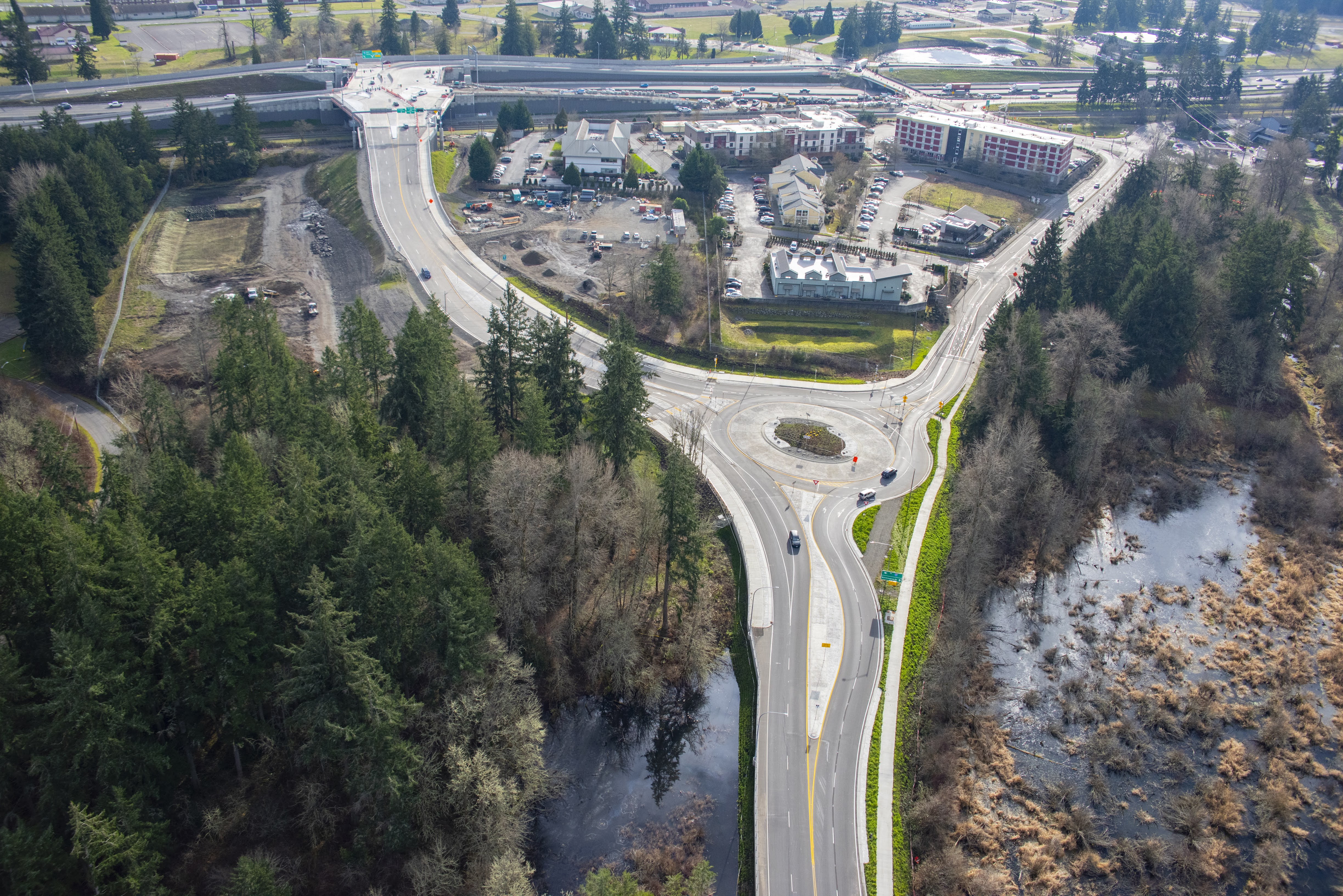An aerial photo showing the new Steilacoom-DuPont Road roundabout.