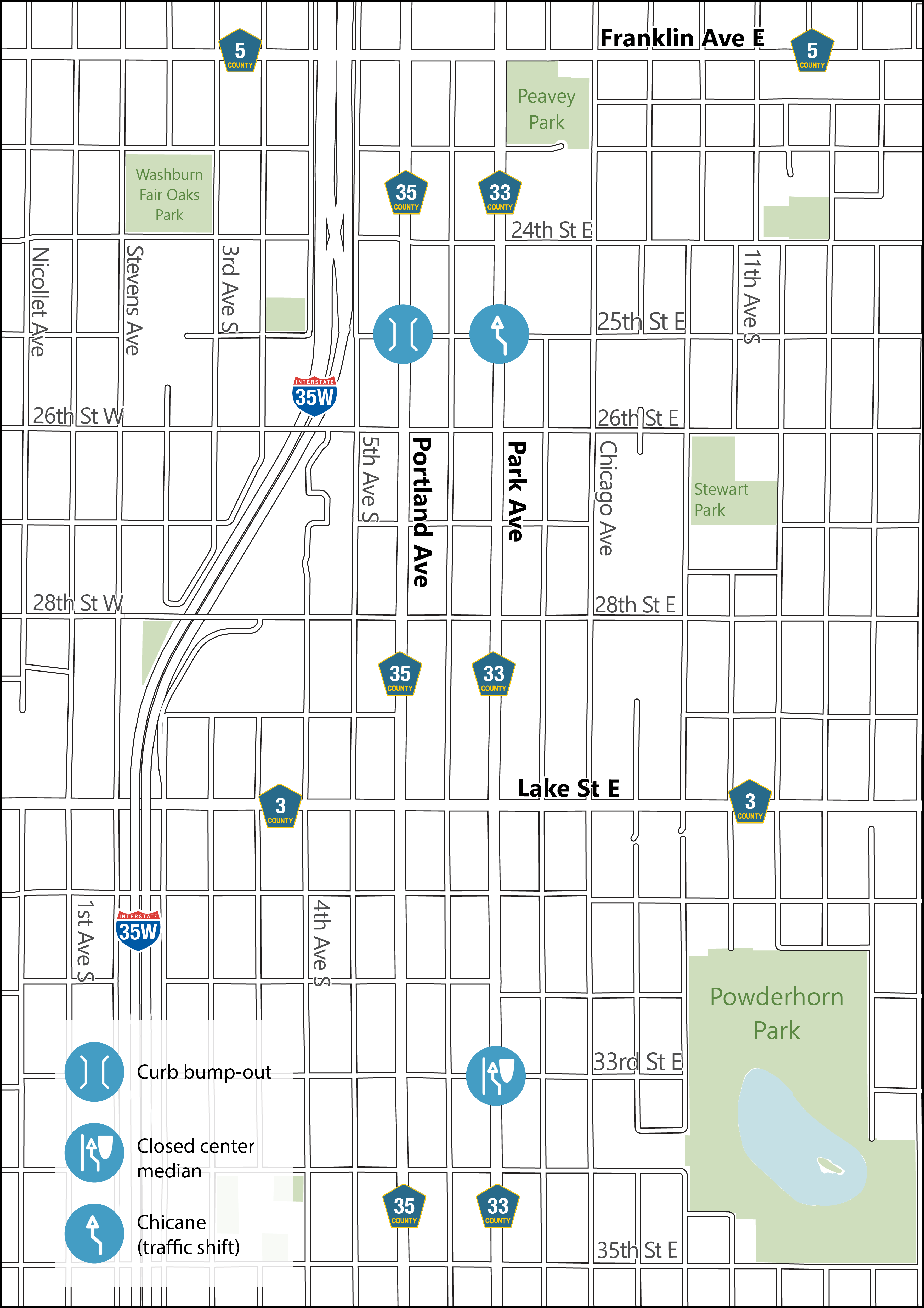 A map of showing icons for a curb bump-out and traffic shift on 25th Street at the intersections of Park and Portland avenues. It also shows a closed center median icon at Park Avenue and 33rd Street.