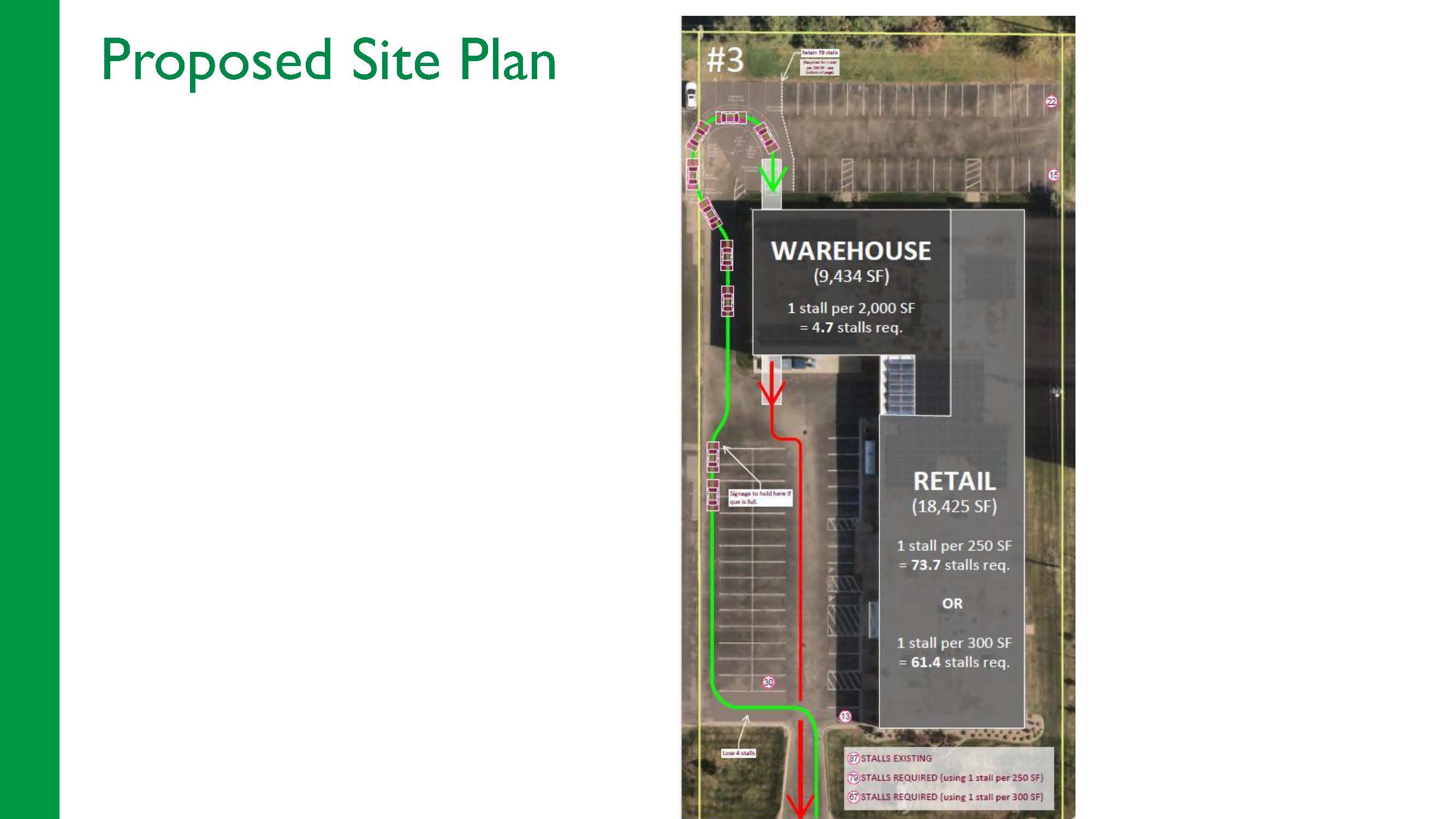 A Site Plan picture showing the parking lot, traffic circulation, warehouse and retail space for the proposed Salvation Army.