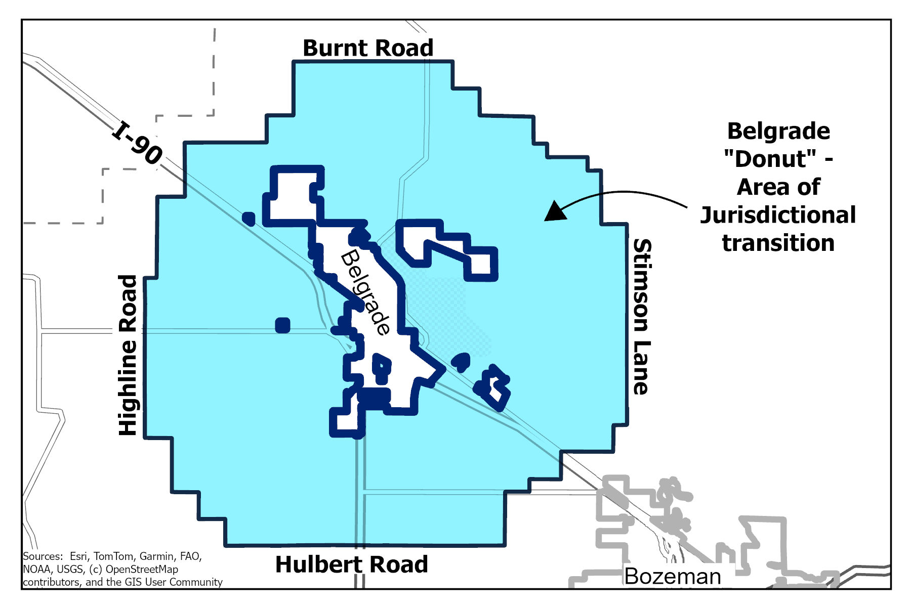 Area 4.5 miles outside Belgrade's city limits is shown in blue to identify the area where planning jurisdiction will change. 