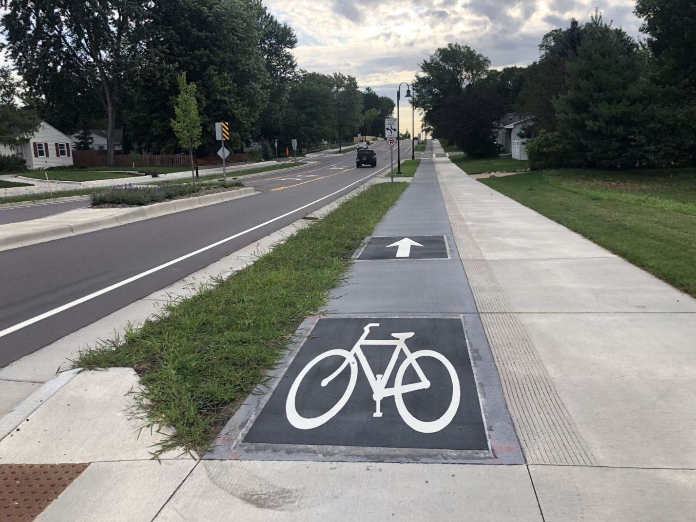A closeup of a bike trail between the sidewalk and the boulevard