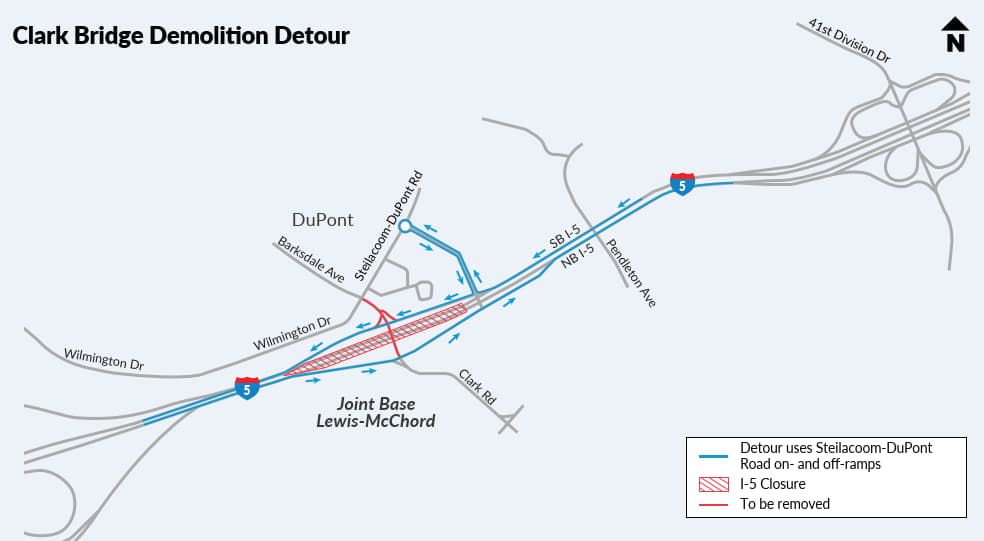 Un mapa que muestra el desvío con la I-5 cerrada por la demolición del puente.