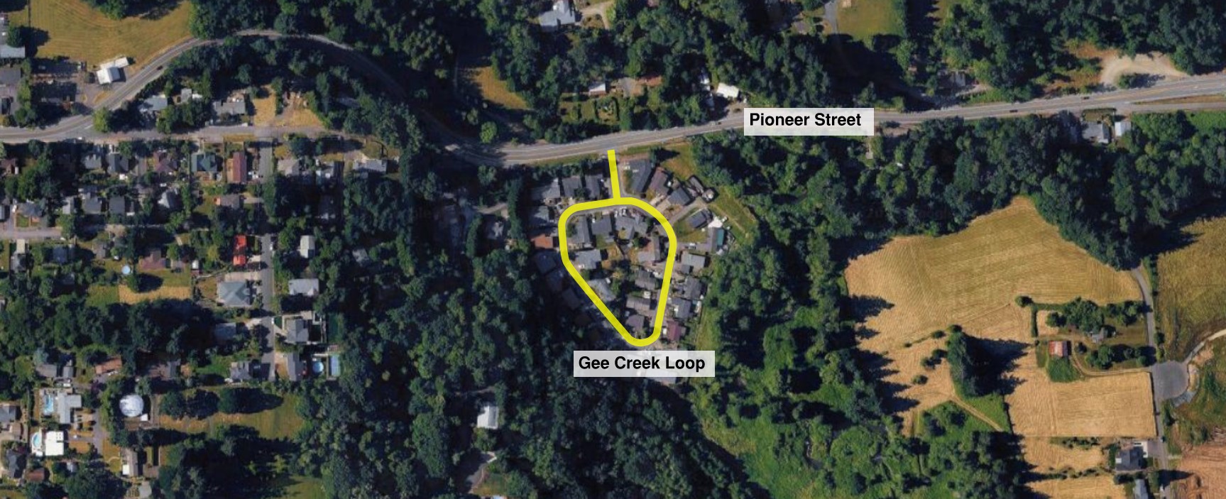 Aerial map image showing Gee Creek Loop connected to Pioneer Street.
