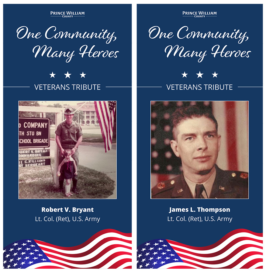 Sample Veterans Day tribute banners with veteran photos, name, flag graphic and One Community, Many Heroes wordmark