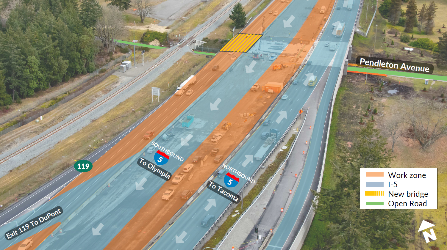 An aerial photo showing lane shifts on Interstate 5 and the Steilacoom-DuPont Road overpass. Girders will be set over I-5 just north of the existing overpass.