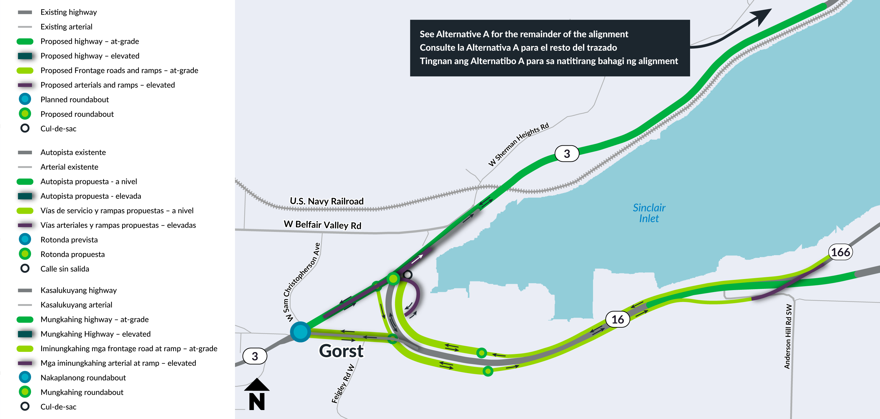 Map of Alternative A-2 showing the proposed at-grade and elevated highway, at-grade frontage roads and ramps, elevated arterials and ramps, roundabouts, and a cul-de-sac near Gorst.