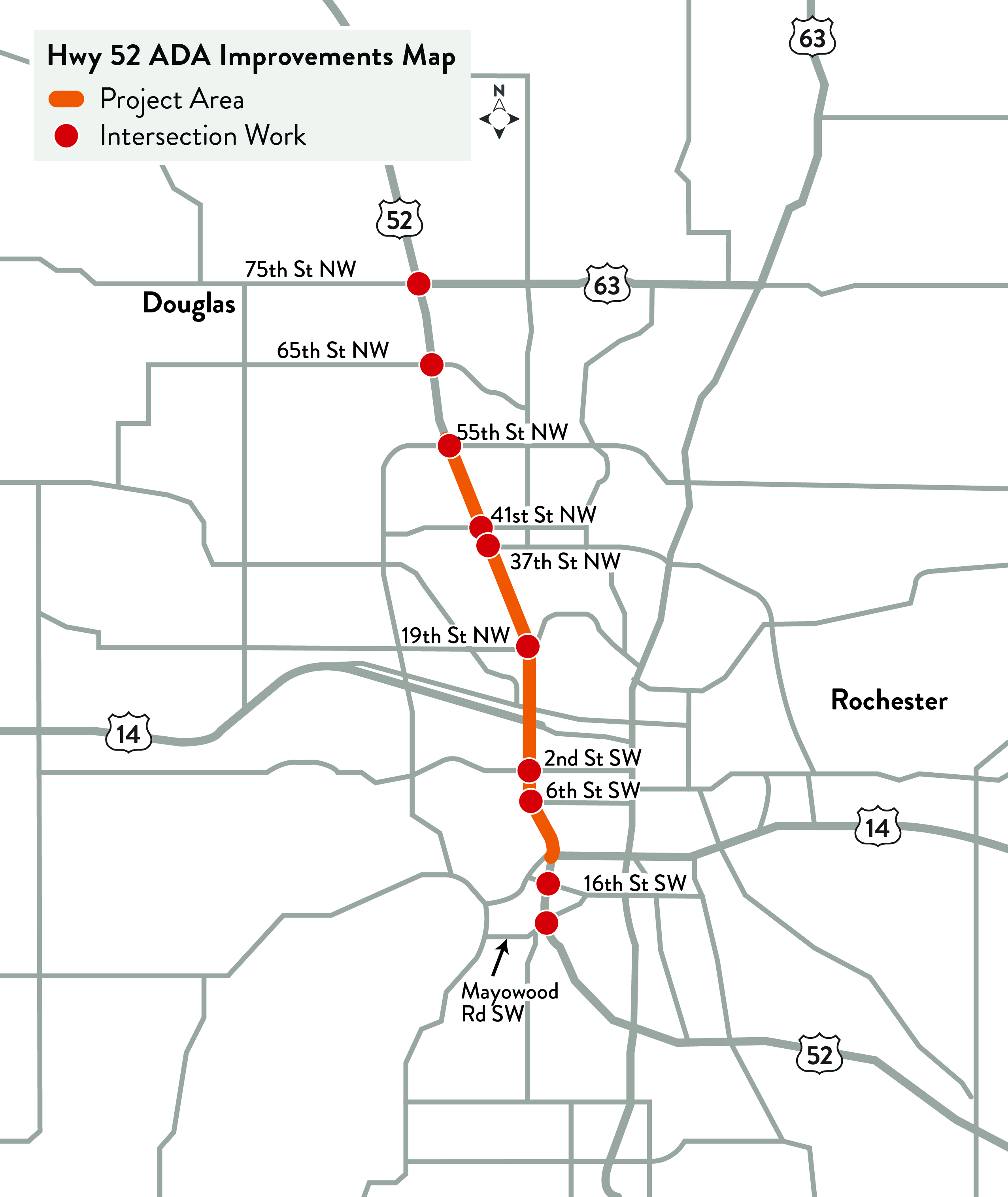 Map of project area. Orage indicates stretches of the project area. Red dots are intersections.
