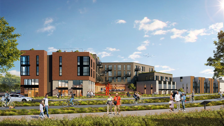 Rendering potential future development on the corner of MacArthur and Mill Plain, looking southeast along MacArthur. The corner shows a four story building with three story townhomes fronting the street as you move southeast along MacArthur. The rendering also illustrates planned future improvements on MacArthur, including separated bike and pedestrian facilities, and landscaping and natural plantings for stormwater management. Several people are walking or biking on the walkways and roadways in front of the buildings.