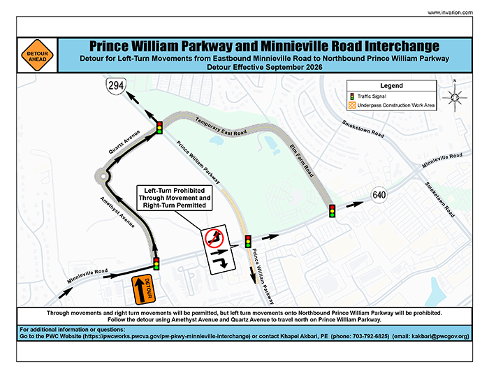 Detour map showing the left turn from eastbound Minnieville Road to northbound Prince William Parkway is prohibited. Drivers should follow the detour using Amethyst Avenue and Quartz Avenue to reach northbound Prince William Parkway. Through and right-turn movements remain open.
