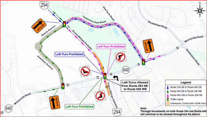 Minnieville Road and Prince William Parkway detours as detailed in the previous text.