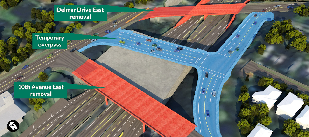 Digital rendering showing the new temporary overpass over SR 520 and the closure of the 10th Avenue East and Delmar Drive East overpasses.