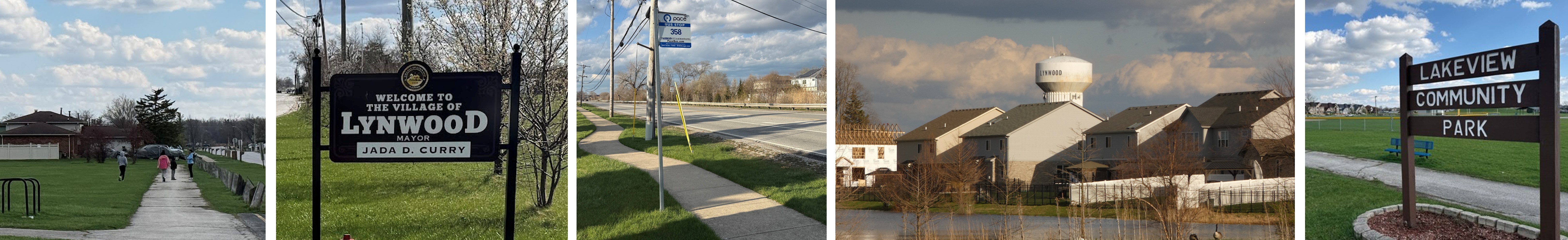 Collage of sites within Lynwood, including a welcome sign, bus stop, the water tower, and Lakeview Community Park
