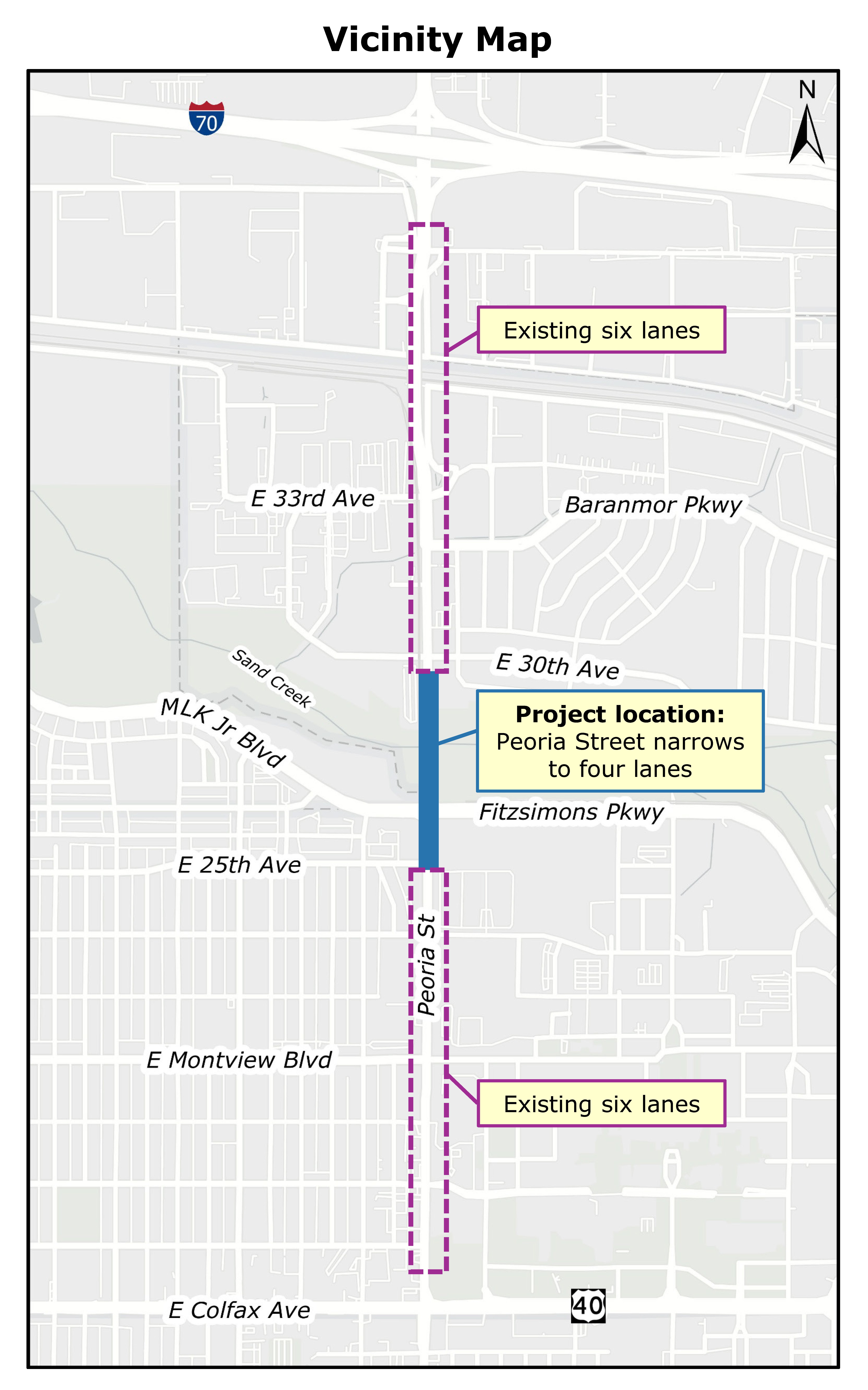 Vicinity map shows the project location in relation to I-70 on the north and Colfax Avenue on the south.