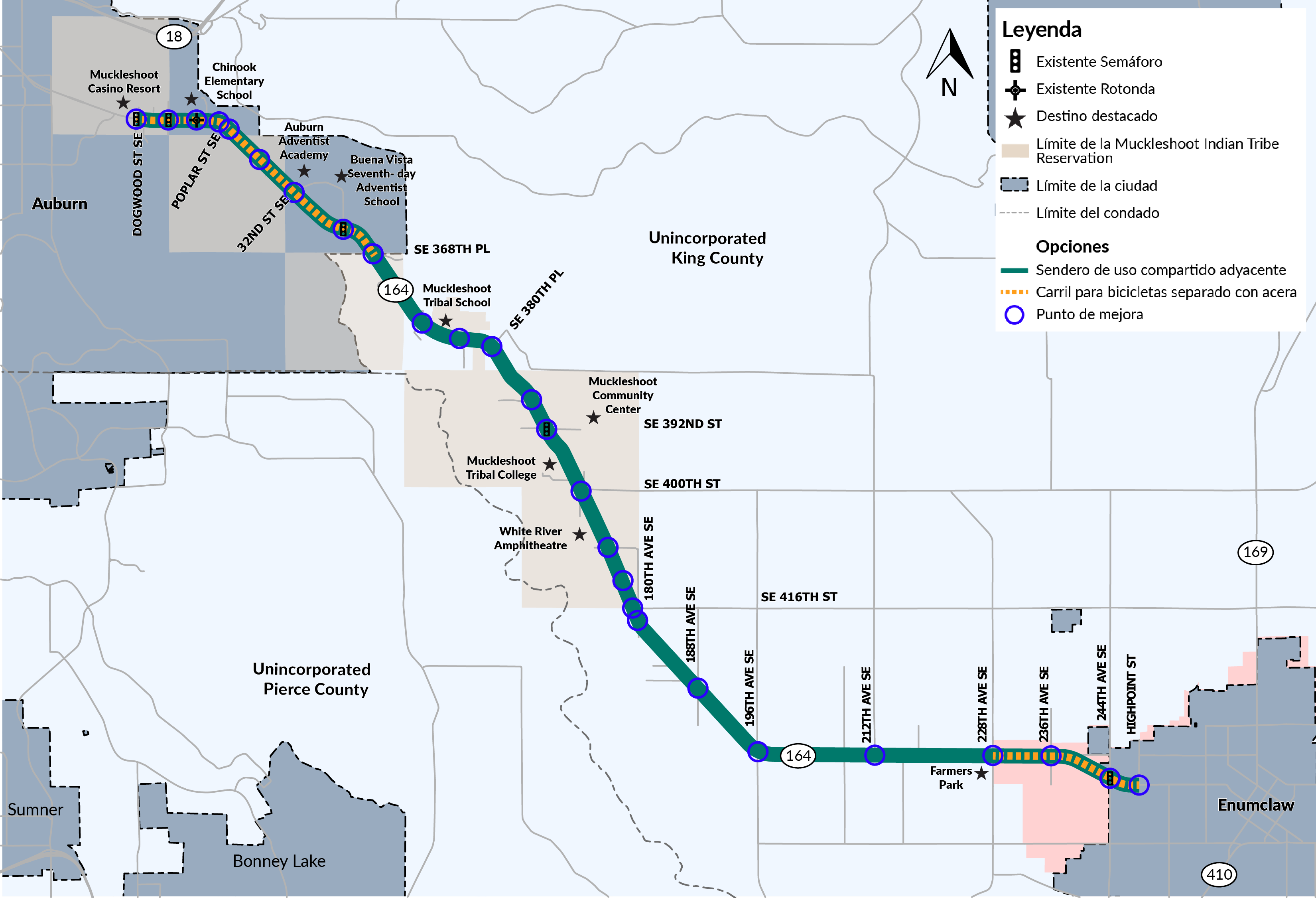 Mapa del corredor entre Auburn y Enumclaw en el que se muestran los tipos de rutas propuestas para peatones y ciclistas, así como los puntos identificados para realizar mejoras puntuales.