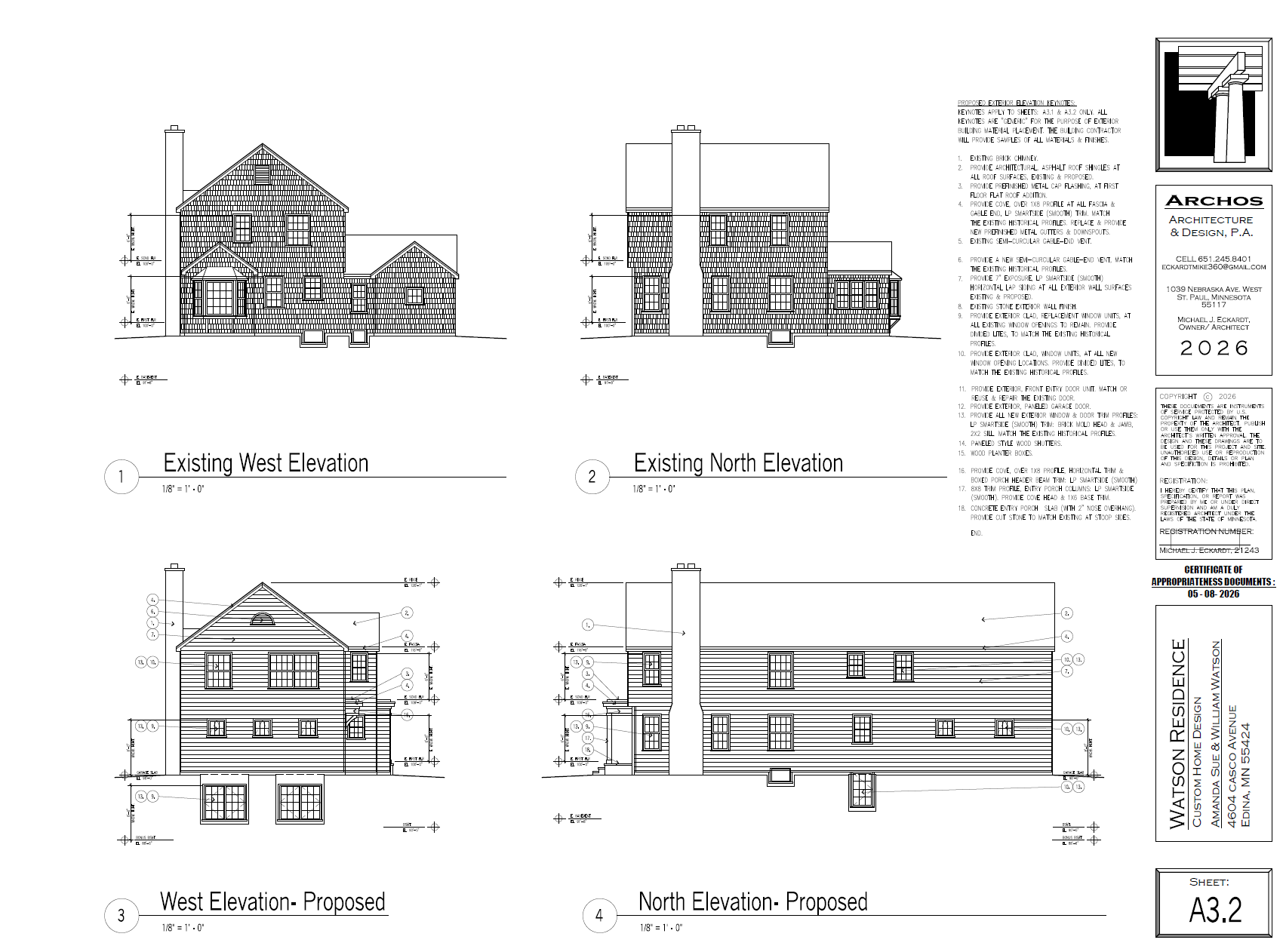 Existing and proposed west and north elevations of the home at 4604 Casco Ave. 