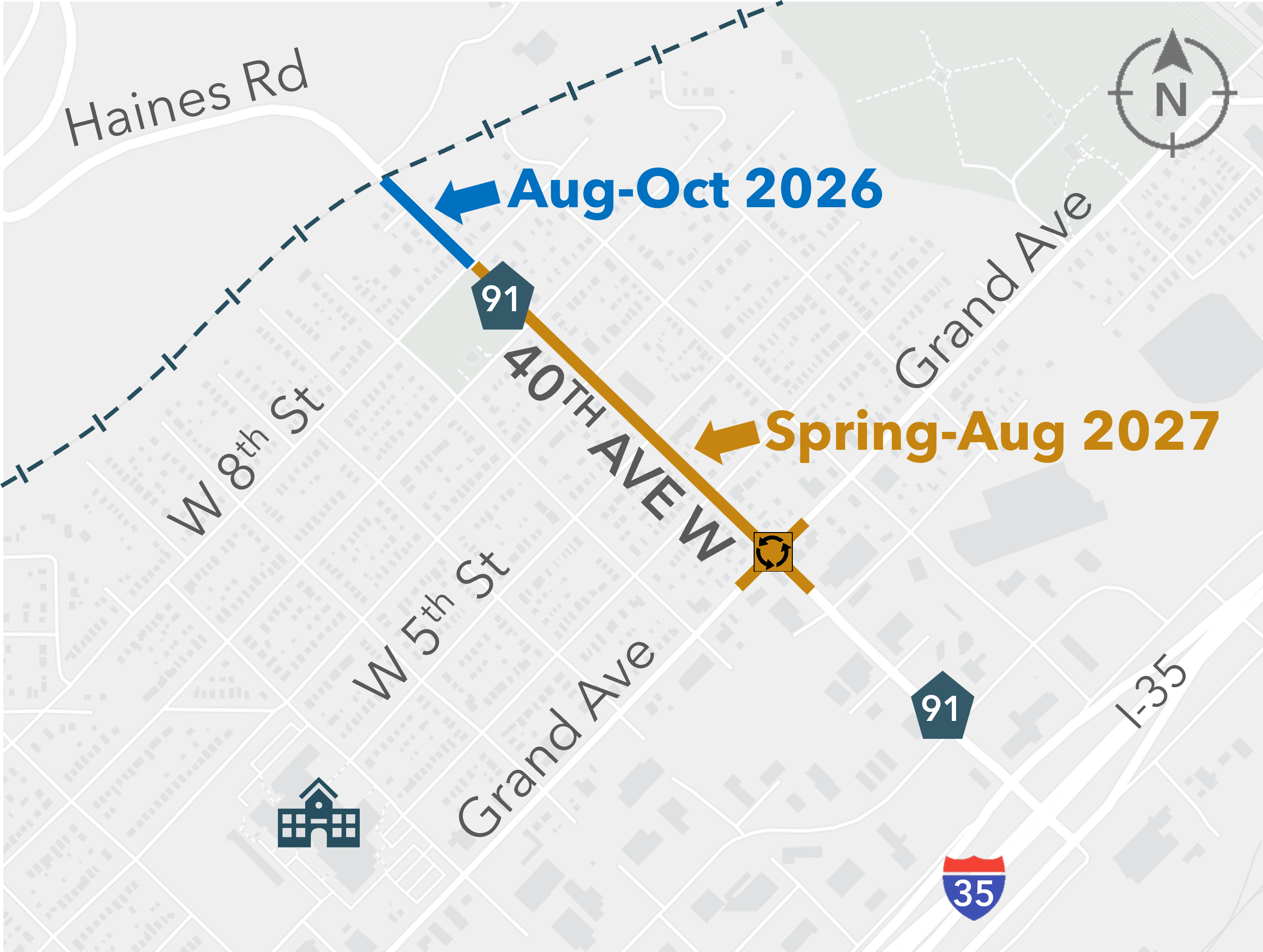 Map illustrating construction timelines on street intersections in a city, with arrows indicating work periods labeled "Aug-Oct 2026" and "Spring-Aug 2027."