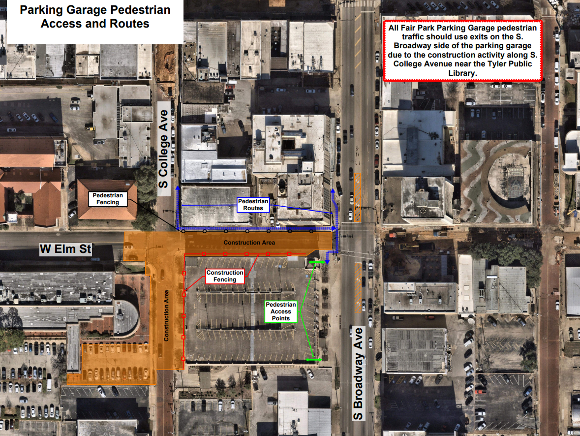 A map showing construction closures and pedestrian access for Downtown Tyler.