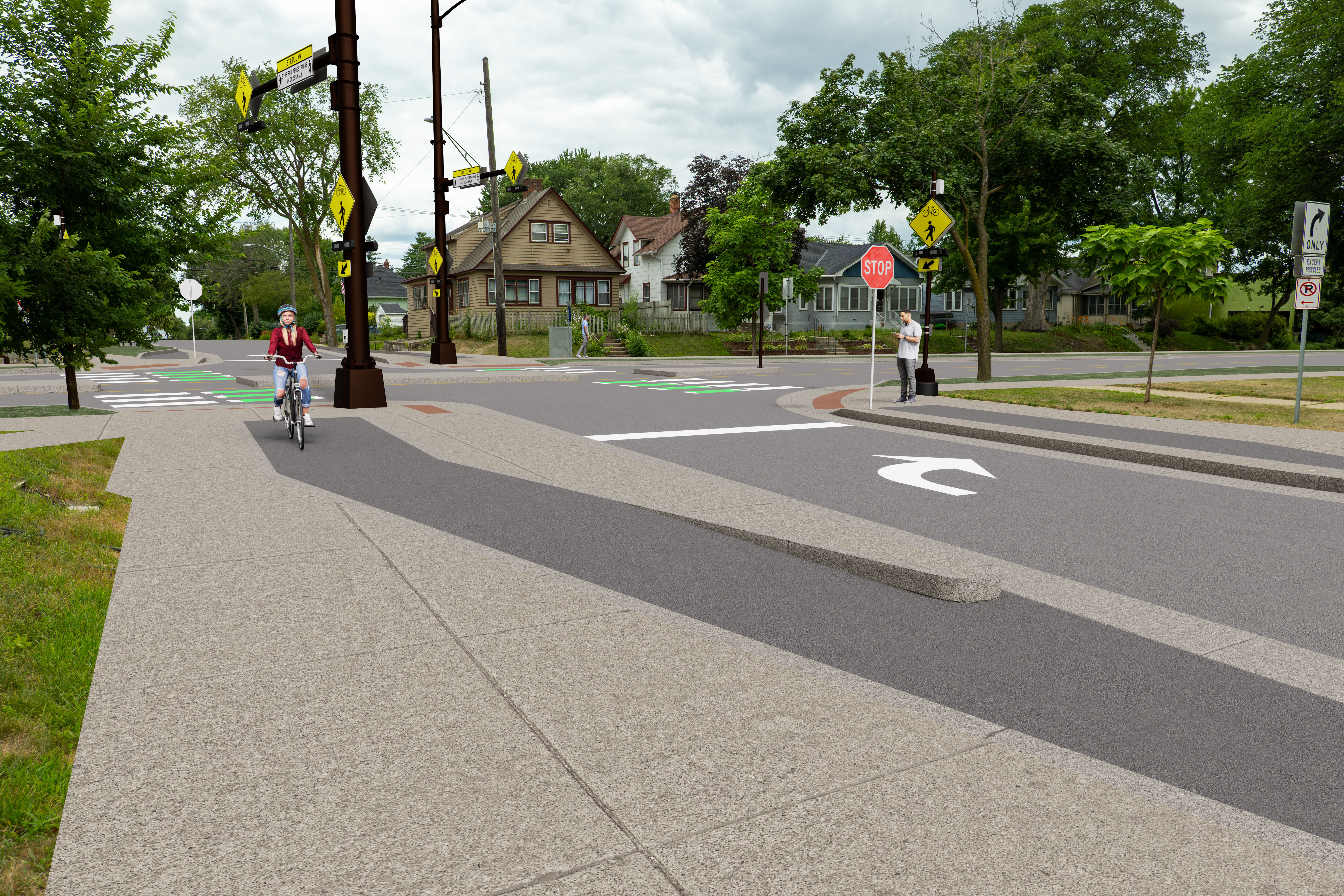 This rendering shows the intersection of Cedar Avenue and 40th Street with pedestrian flashing beacons and one way bike lanes on wither side of 40th Street. Center medians allow bikers and pedestrians to cross Cedar Avenue, but cars are prevented from crossing Cedar Avenue and turn left on Cedar Avenue.