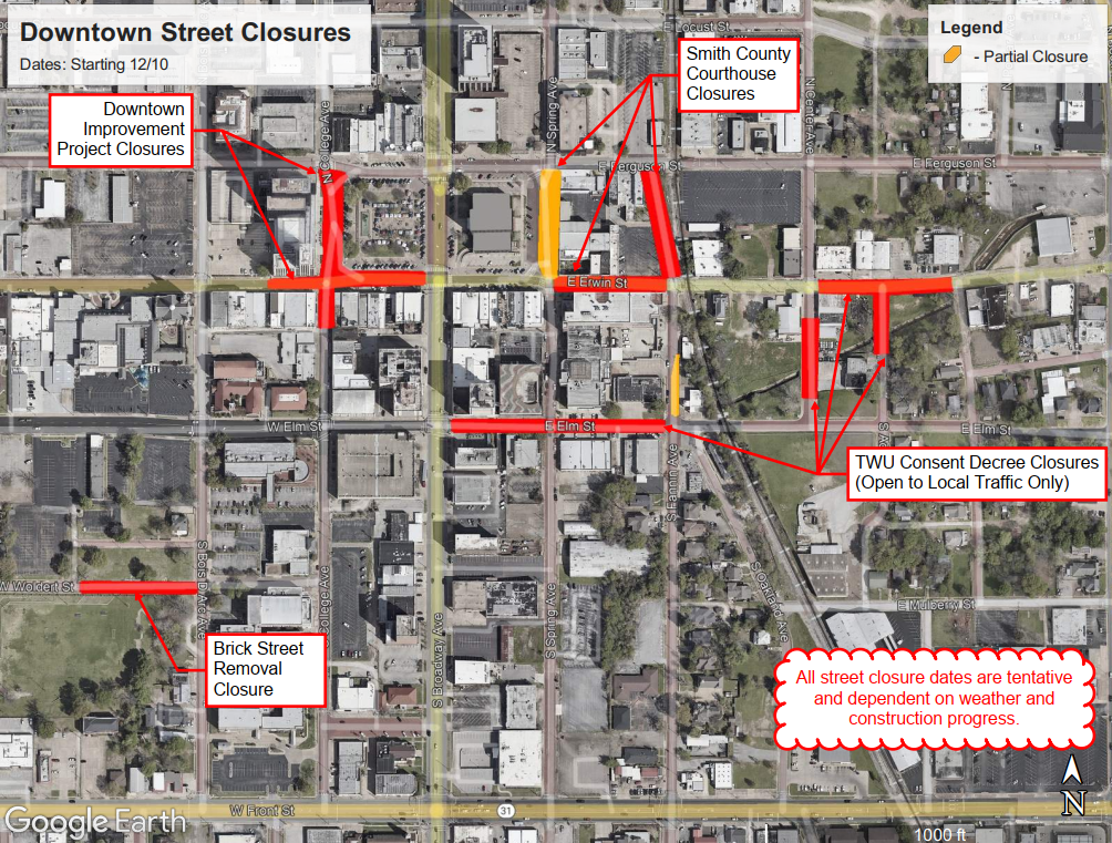 For an ADA complaint version of the Downtown Street Closures map, please email PublicRelations@TylerTexas.com.