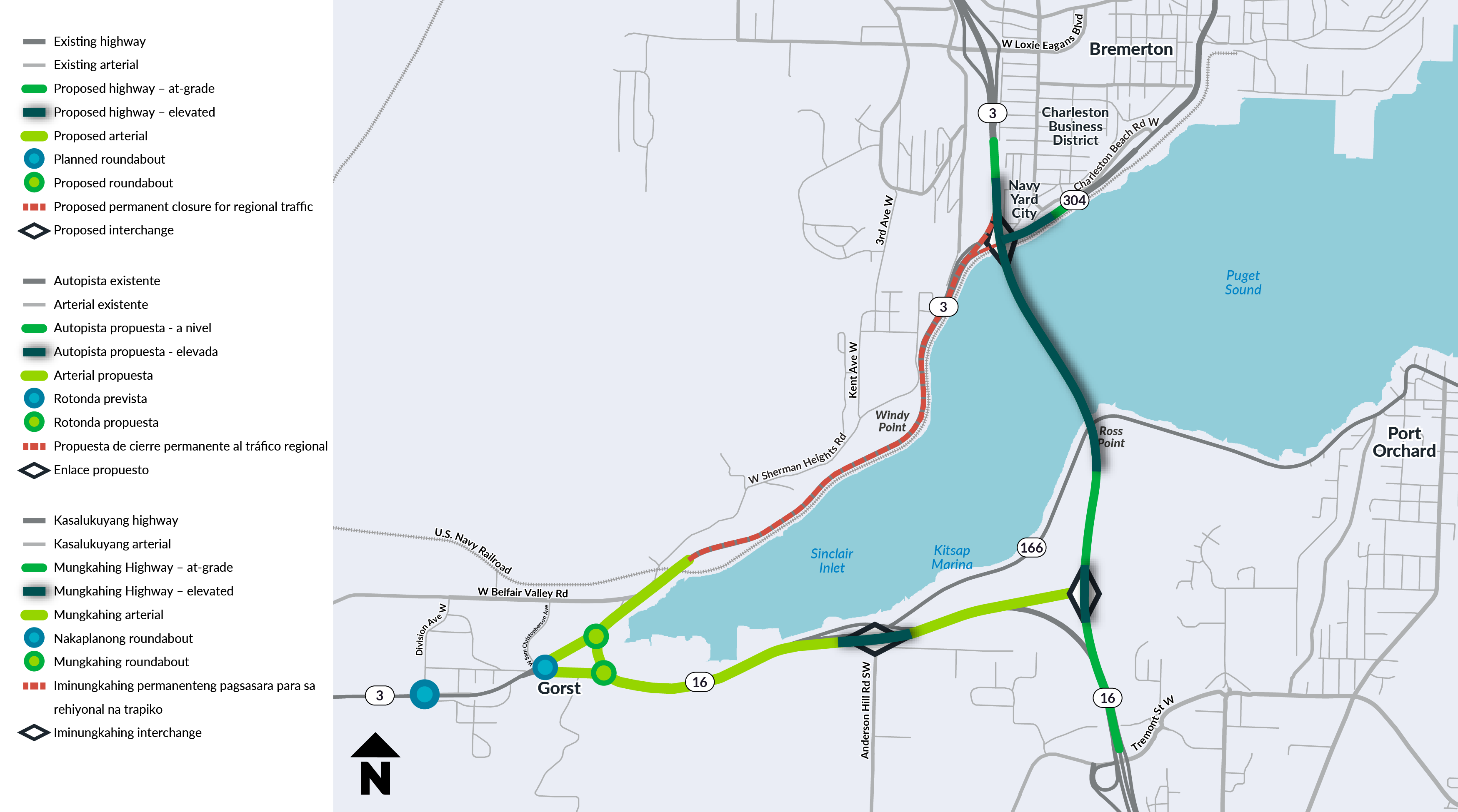 Map of Alternative C-1 (Ross Point Bridge full bypass) showing a proposed elevated highway and permanent closure for regional traffic near Windy Point, a new bridge near Ross Point, a proposed arterial near Gorst, roundabouts, and a proposed interchange.