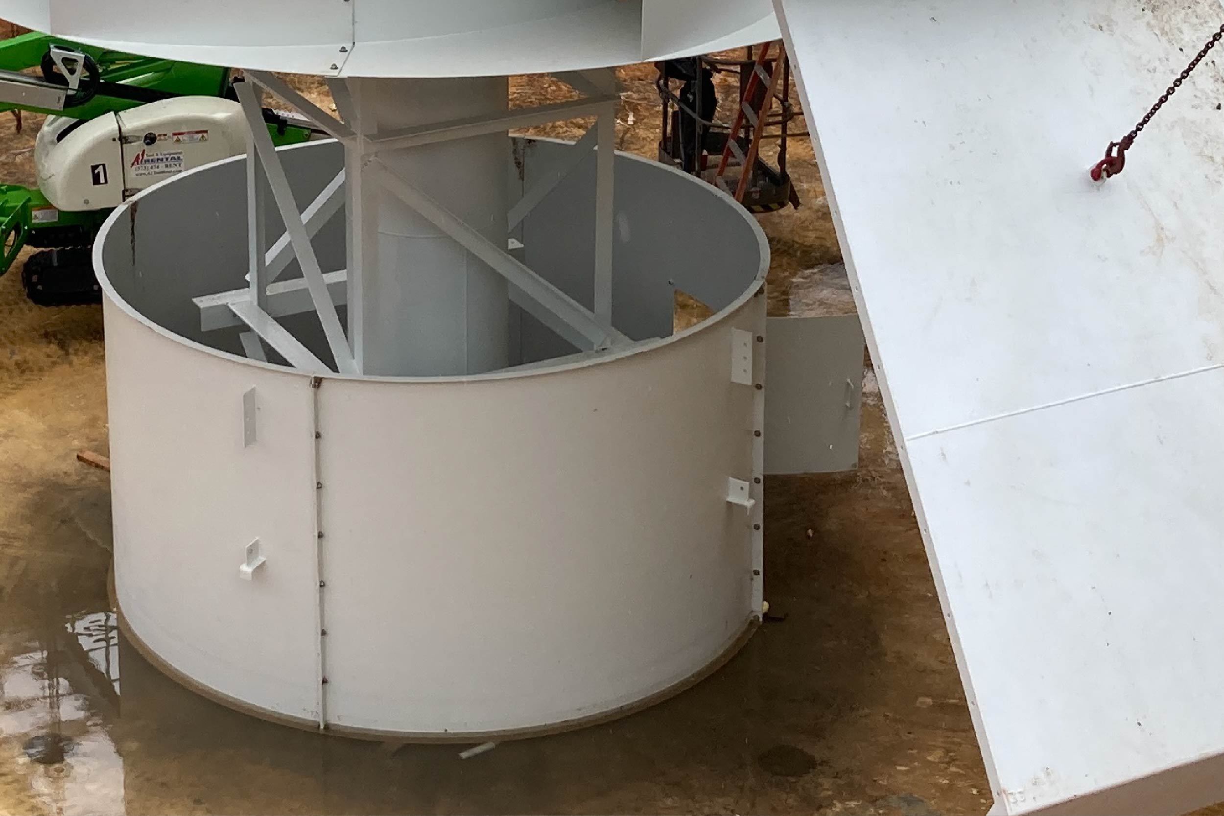 The cone around the base of the clarifier in Primary Basin 2 is partially complete.