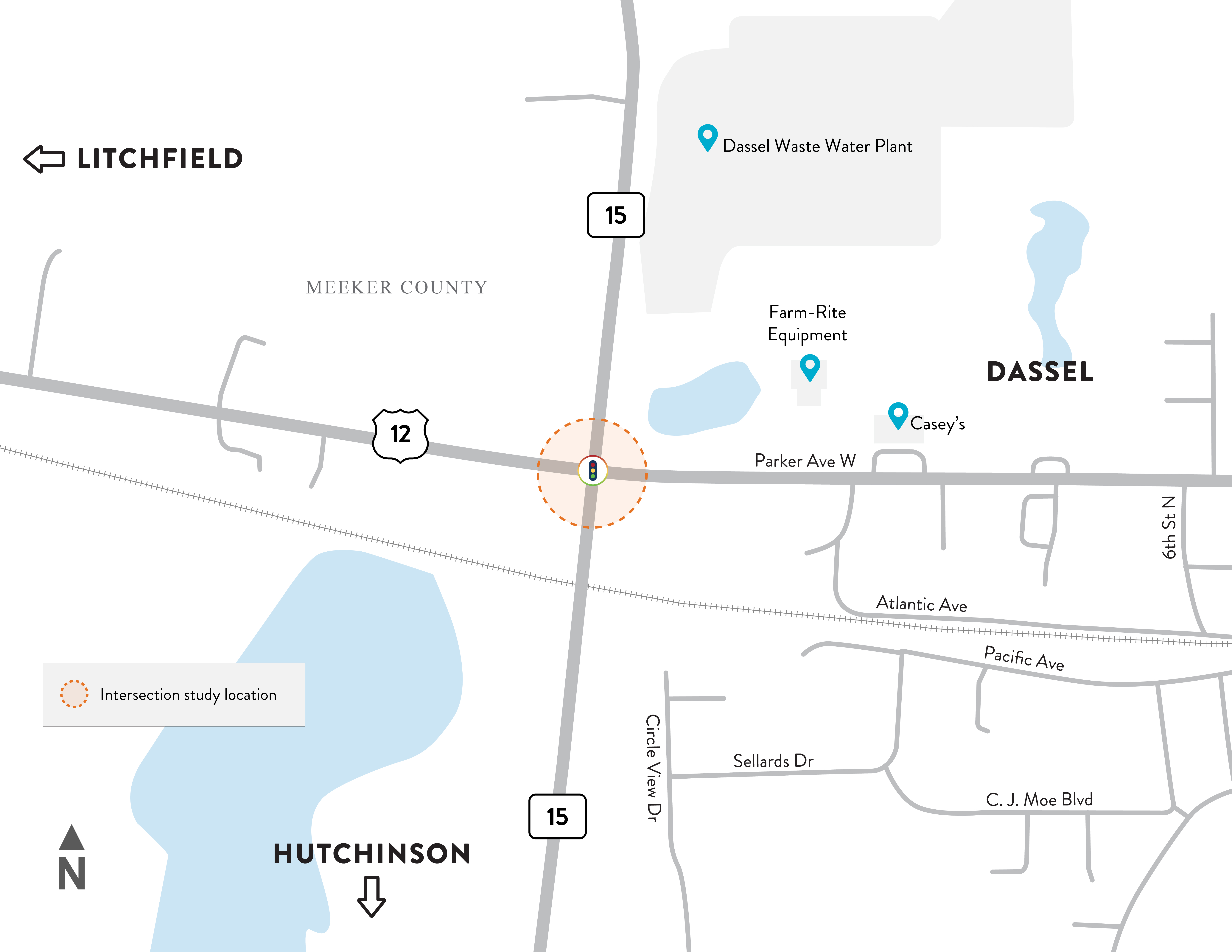 Map of Hwy 15 and Hwy 12 intersection to the west of Dassel, MN