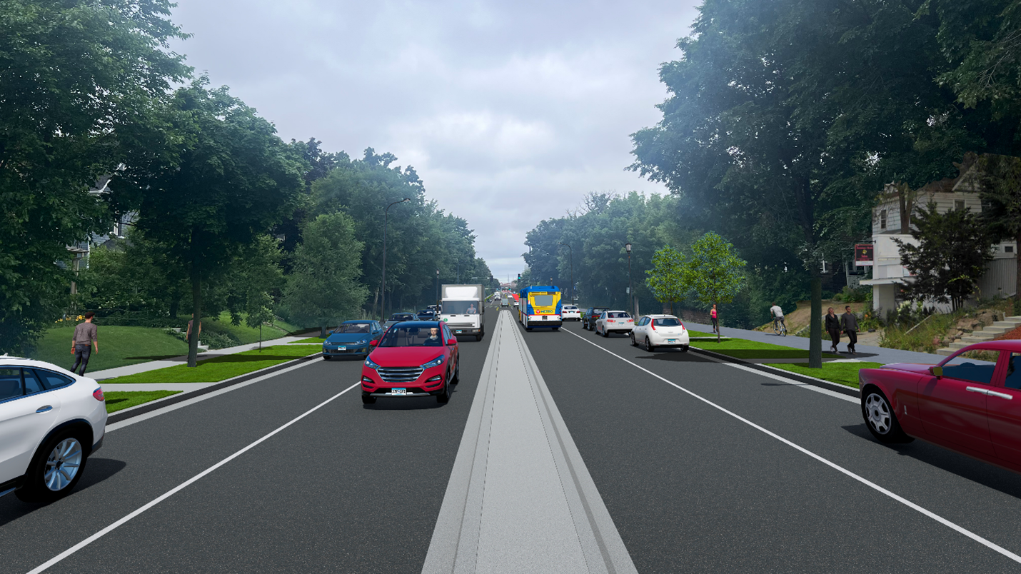 A graphic showing the 2400 block of Lyndale Avenue looking north. The road is divided by a center median, with one driving lane in each direction and parking. There are trees, boulevards, and people walking on both sides.