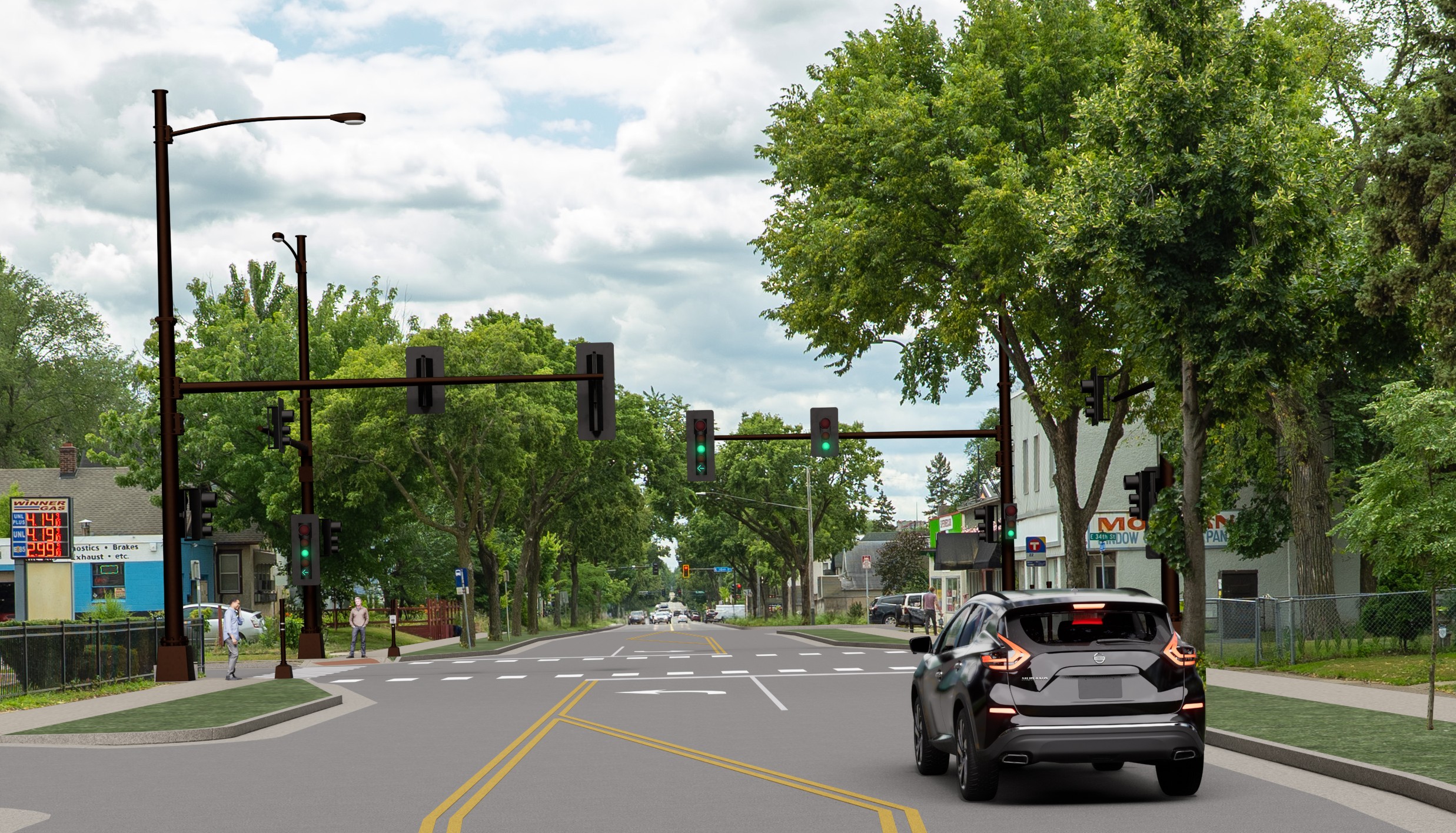 This rendering shows the intersection of Cedar Avenue and 34th Street with a traditional traffic signal at a standard 4-way intersection with left turn lanes for both directions of travel on Cedar Avenue.