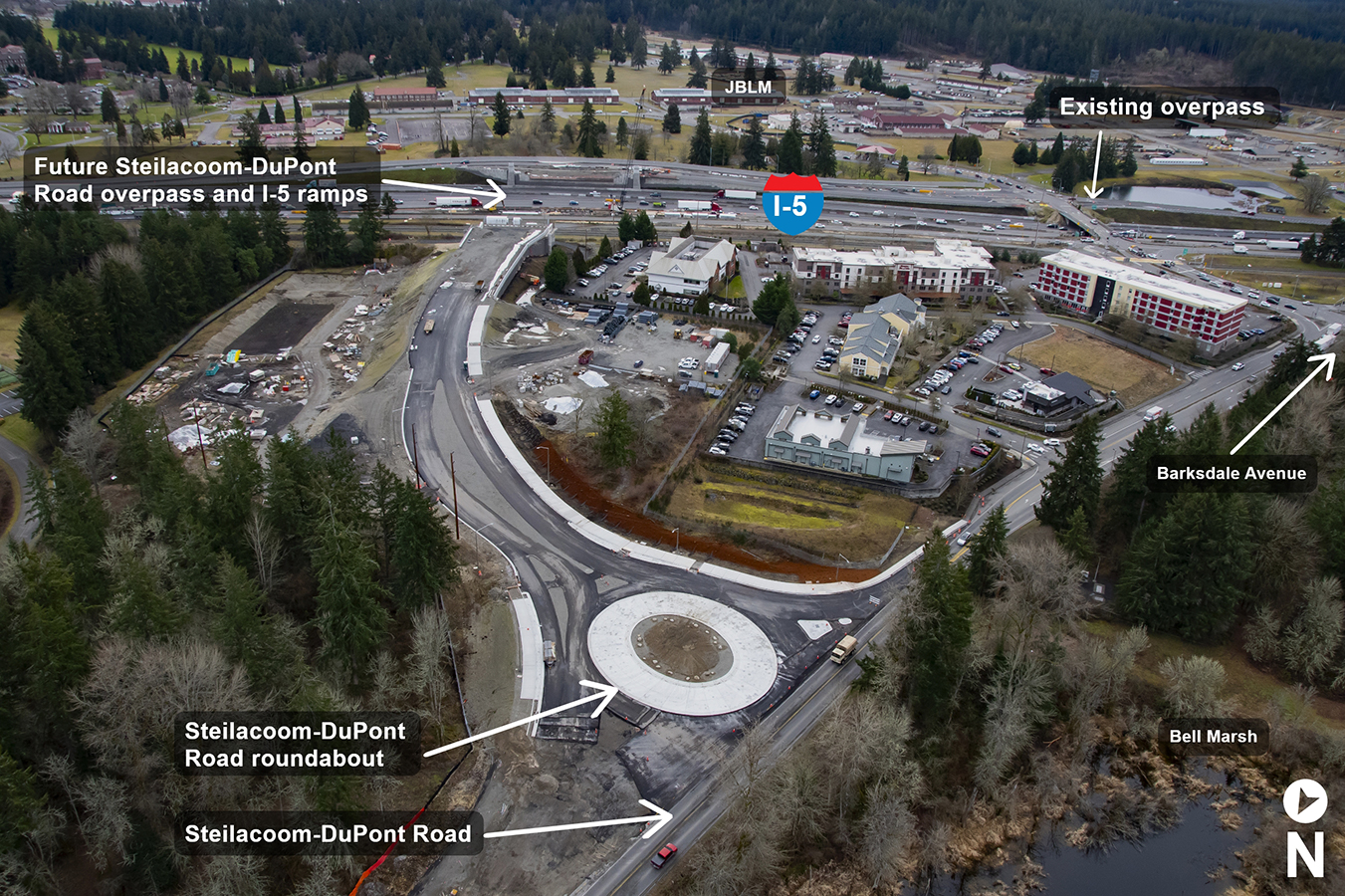 Aerial photo showing locations of future Steilacoom-Dupont Rd overpass, I-5 ramps and Steilacoom-Dupont Rd roundabout
