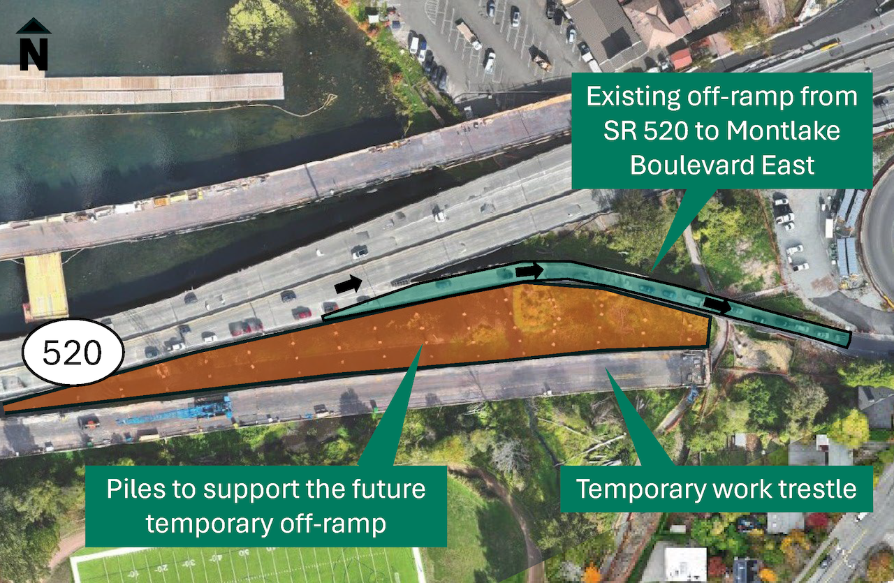 A map of SR 520 showing the existing off-ramp to Montlake Boulevard East, the temporary work trestle and the piles that will support the future temporary off-ramp.