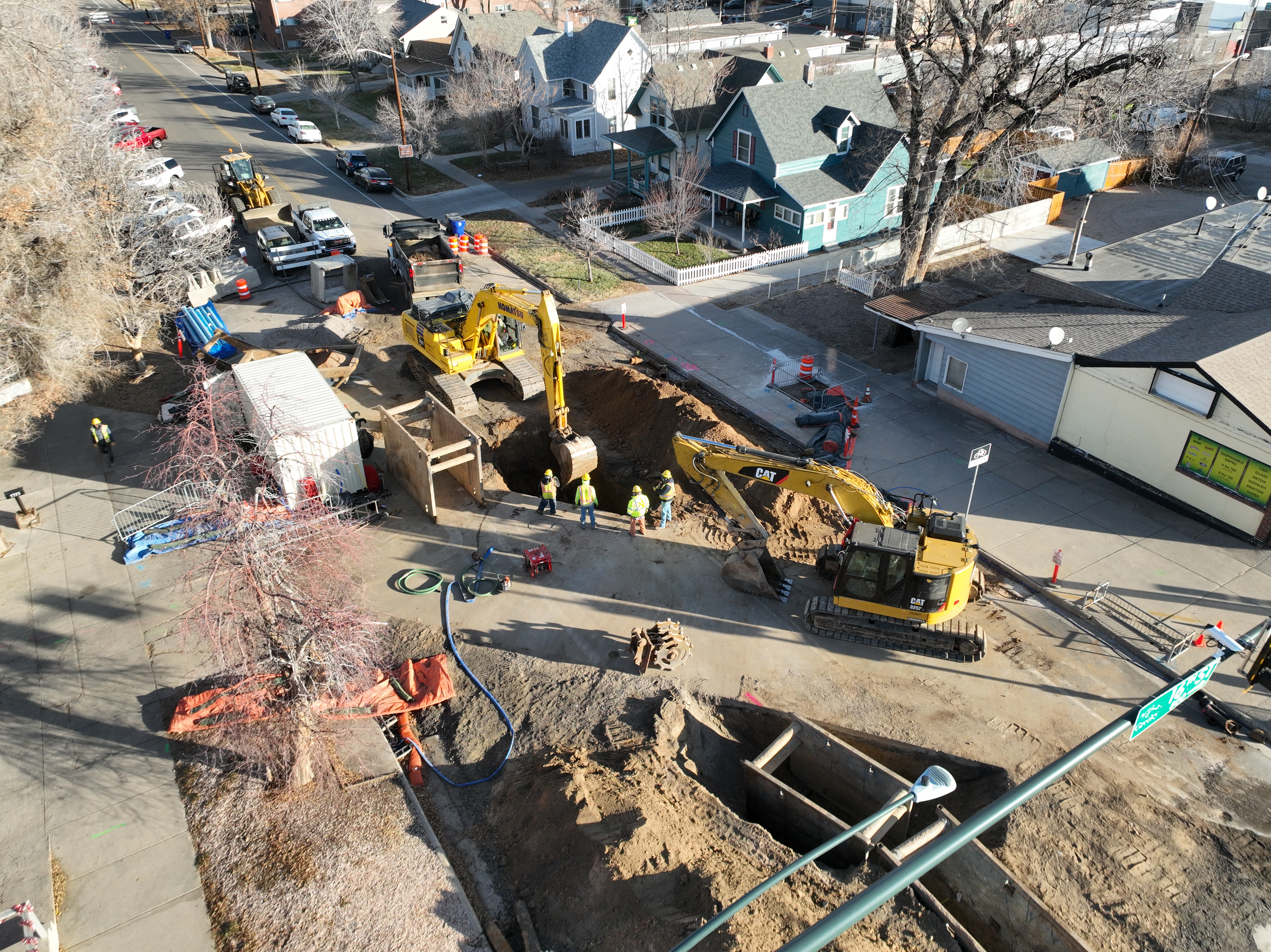 Aerial view of water lines being replaced on the 16th Street Project.