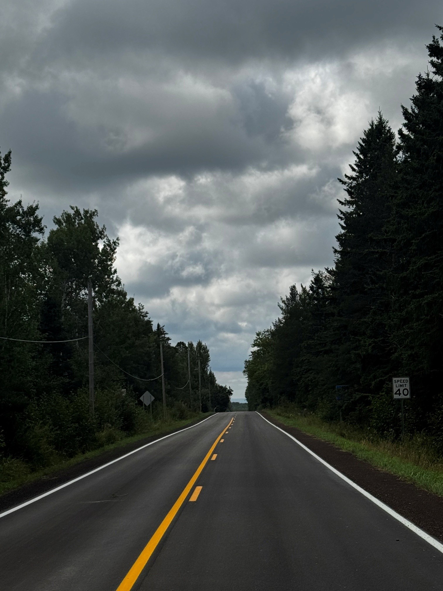 Two-lane forest road with yellow centerlines, utility poles, dense trees, and a “SPEED LIMIT 40” sign beneath a cloudy sky.