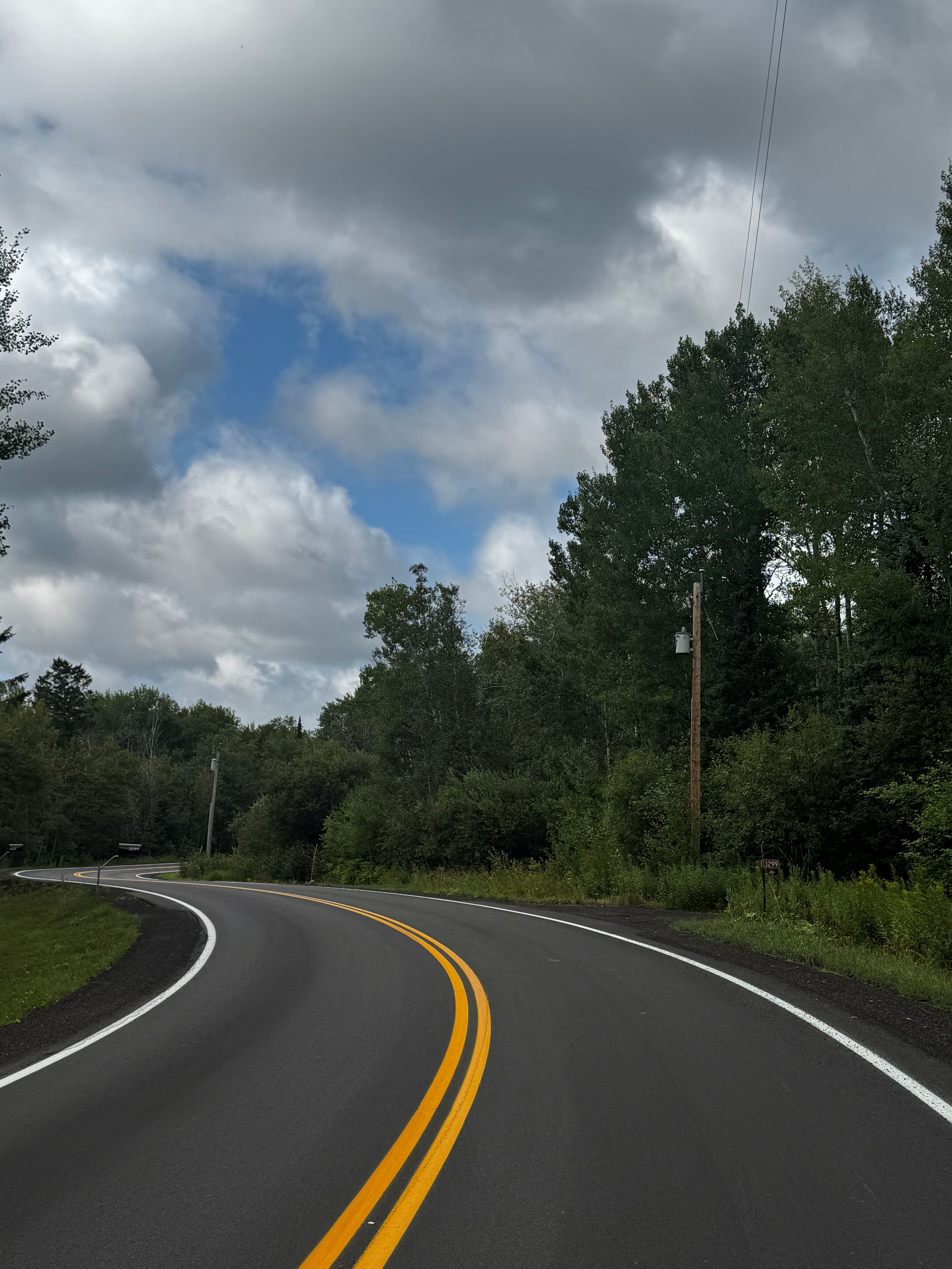 A freshly paved winding road bordered by dense green forest beneath dark, partly cloudy skies.