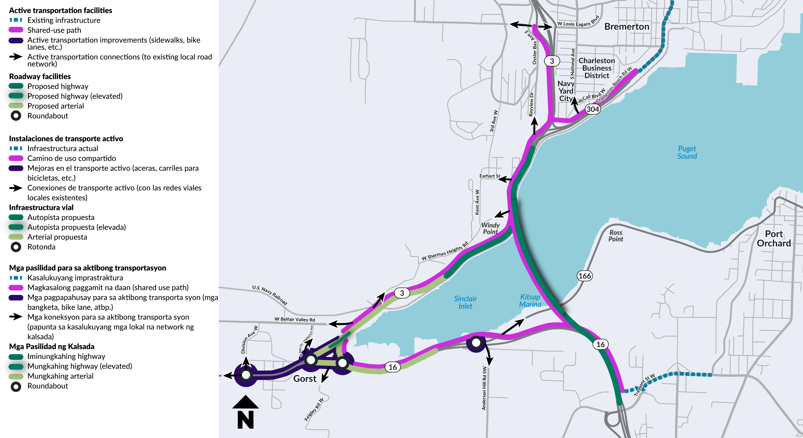 Map showing proposed roadway and active transportation facilities for Alternative B-3 along the SR 3 corridor from Bremerton through Gorst to Port Orchard, including a shared-use path, active transportation improvements and connections such as bike lanes and sidewalks, a proposed arterial and roundabouts.