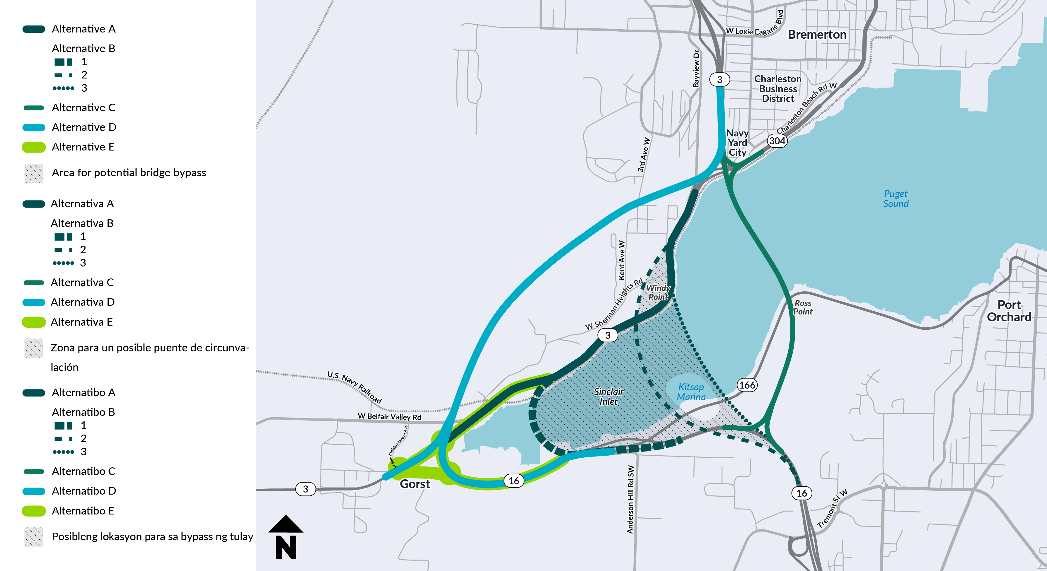 Map of SR 3 Gorst Area route alternatives (A through E) studied during the initial (Level 1) screening phase.