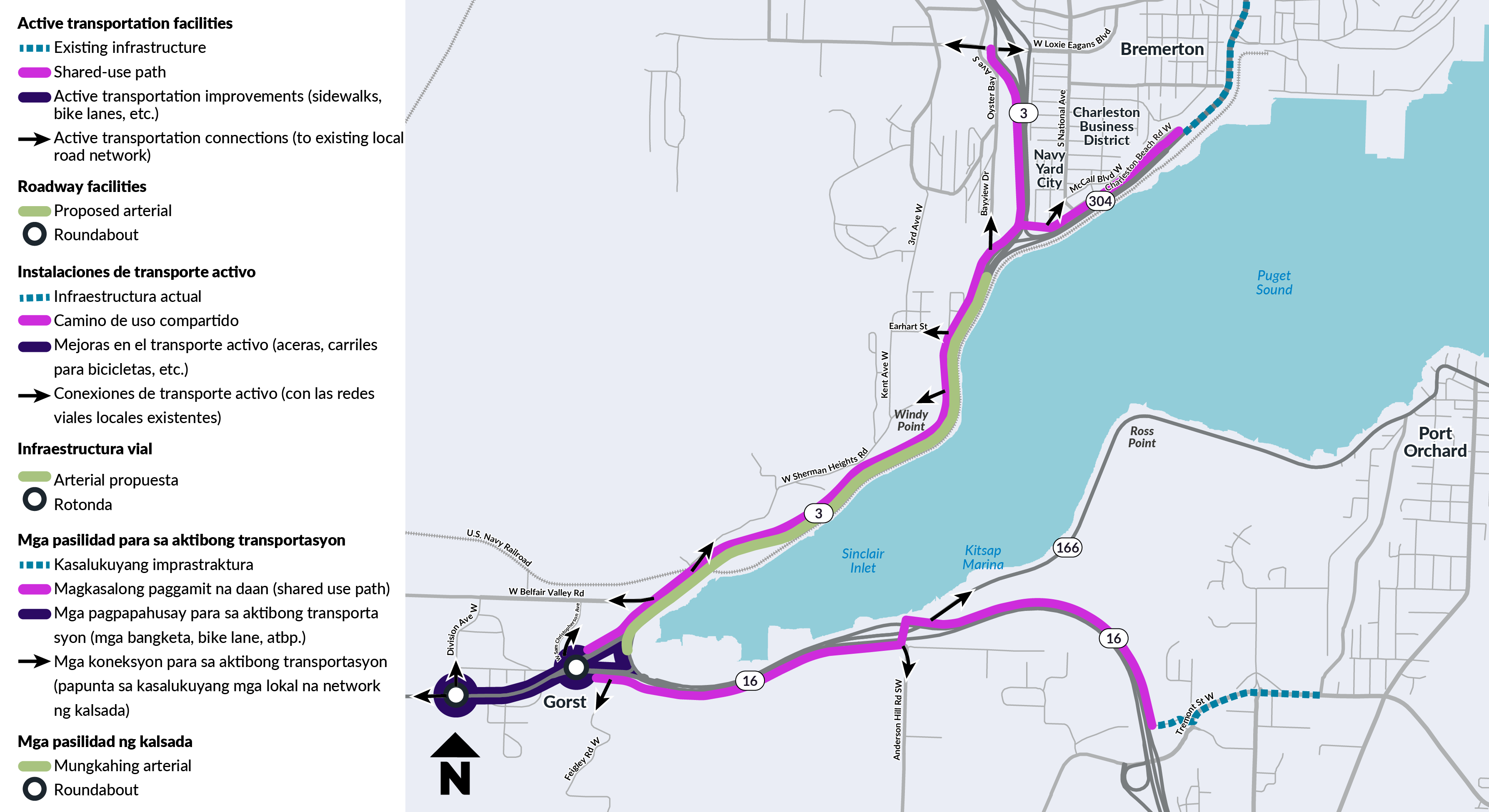 Map showing proposed active transportation facilities for Alternative A along the SR 3 corridor from Bremerton through Gorst to Port Orchard, including a shared-use path, active transportation improvements and connections such as bike lanes and sidewalks, a proposed arterial and roundabouts.