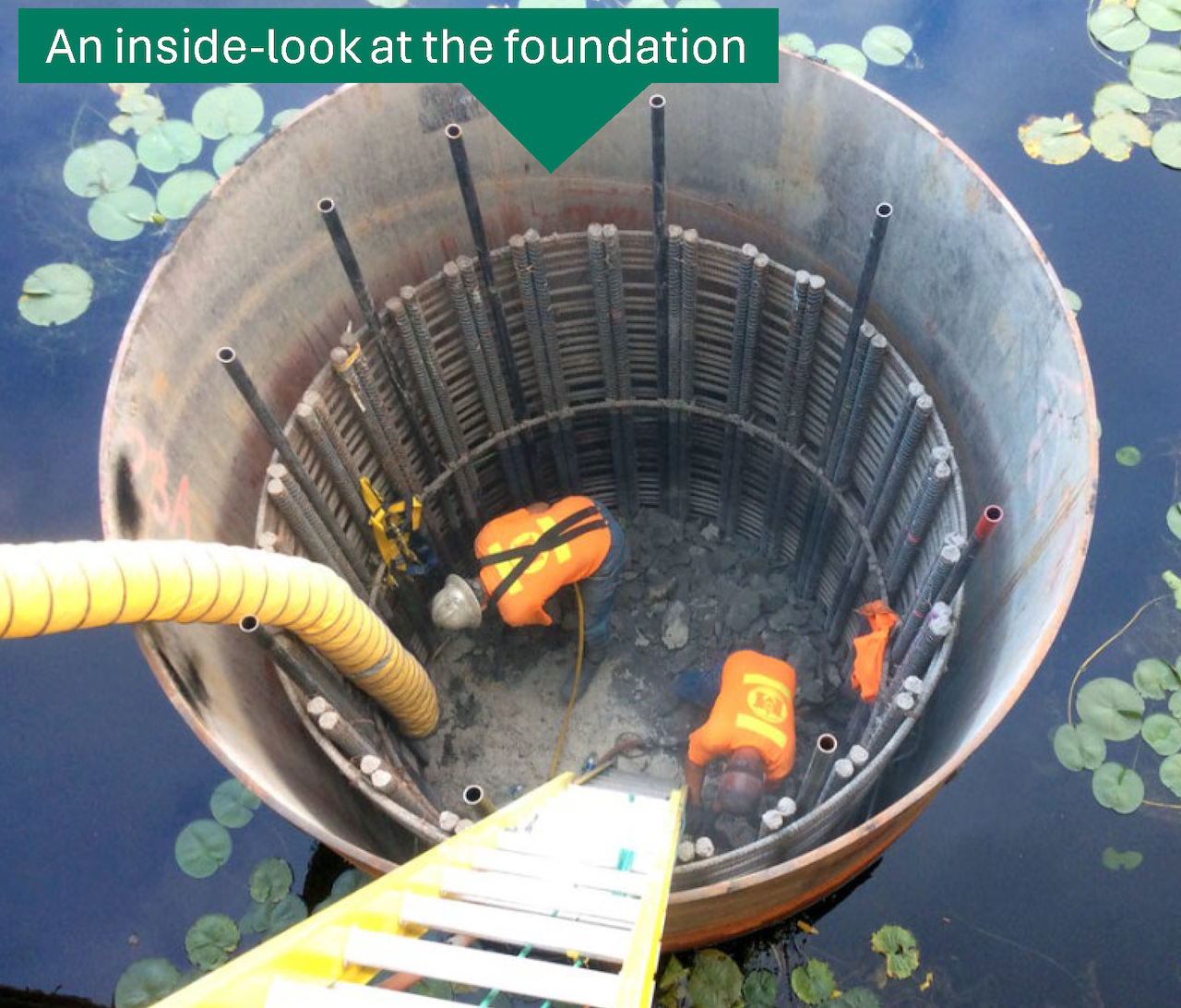 Two workers on top of the concrete filling inside a casing.