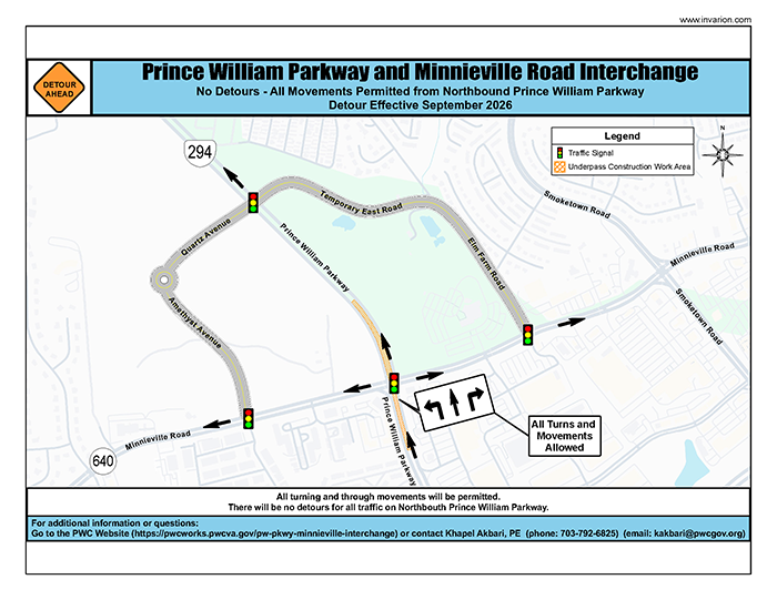 Detour map showing that all turns and through movements are permitted from northbound Prince William Parkway at Minnieville Road. No detours are required for northbound traffic.