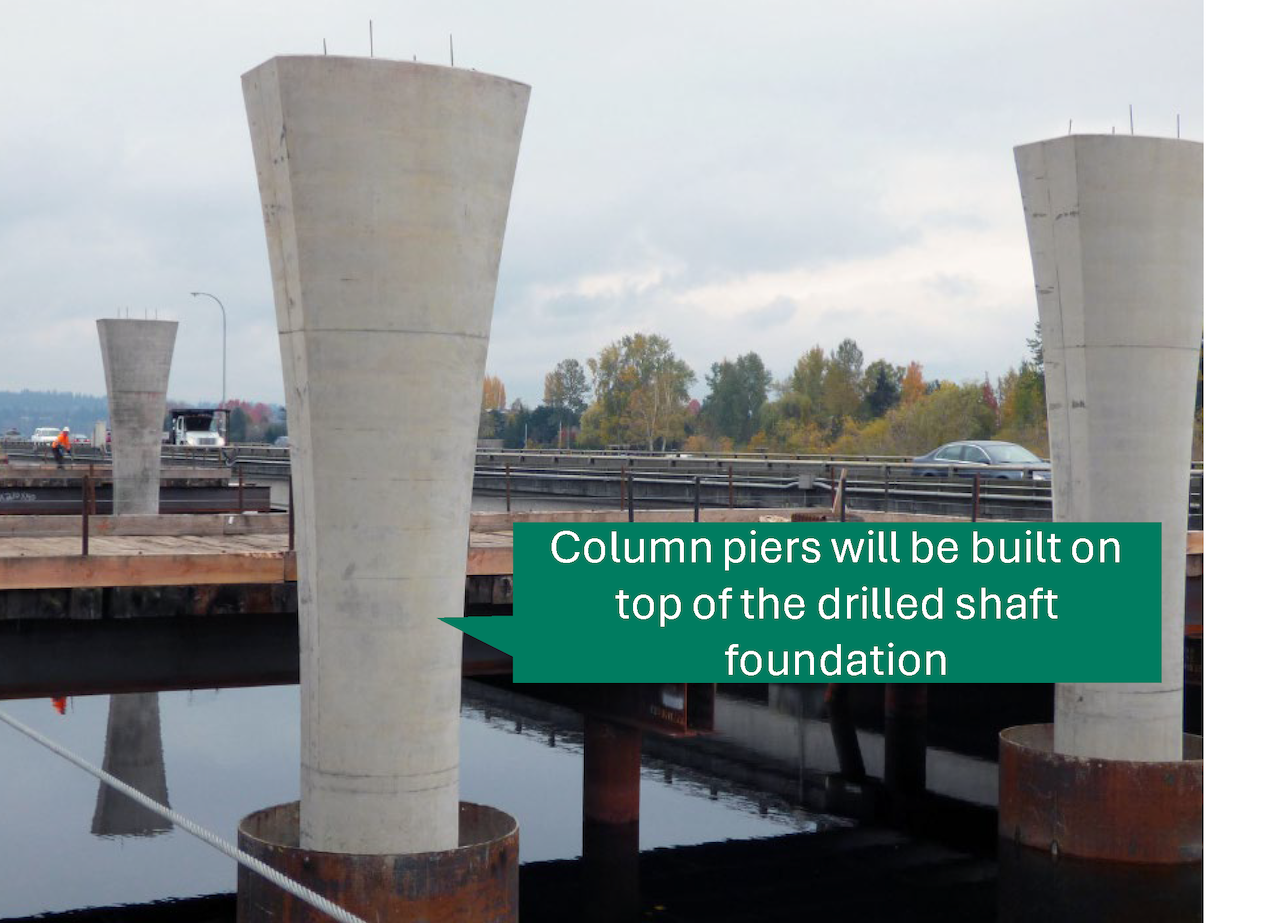 Concrete column piers built onto the top of drilled shaft casings emerging from the water.