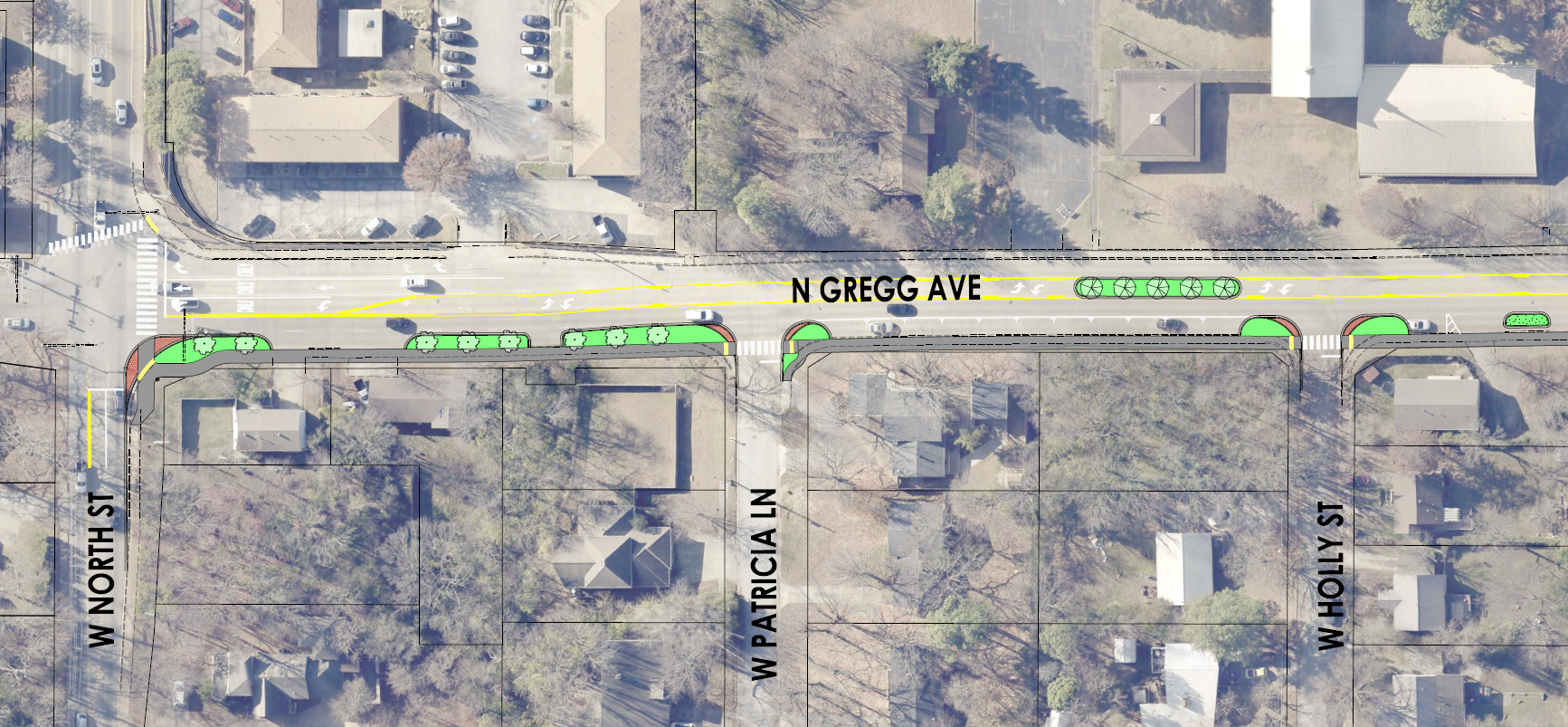 Aerial map of Gregg Ave with four way intersection with North St on left of map. Overlays demonstrate proposed road diet lane markings to two lanes with center turn lane, plus partial median and green spaces along curbs