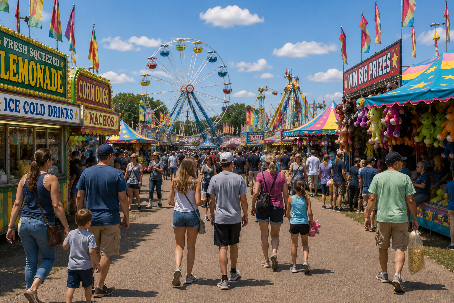 County fair scene- people walking along the fair midway with food vendors