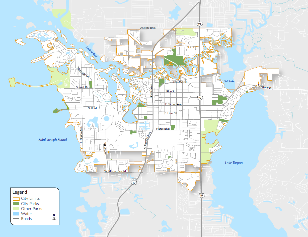A map showing current City Parks as well as other parks within the City limits