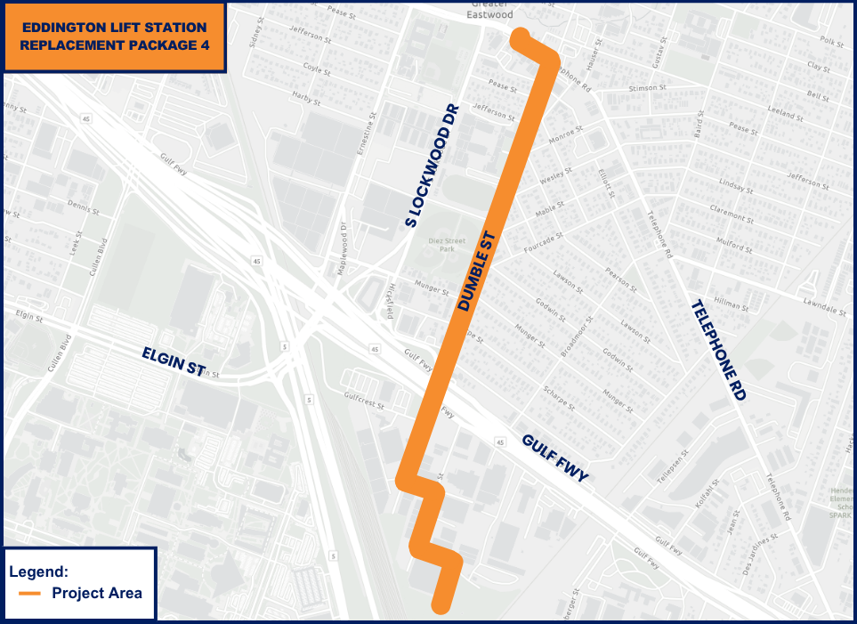 The Eddington Lift Station Replacement Package 4 project area is located along Dumble Street near South Lockwood Drive, Elgin Street, Gulf Freeway, and Telephone Road in Council District I.