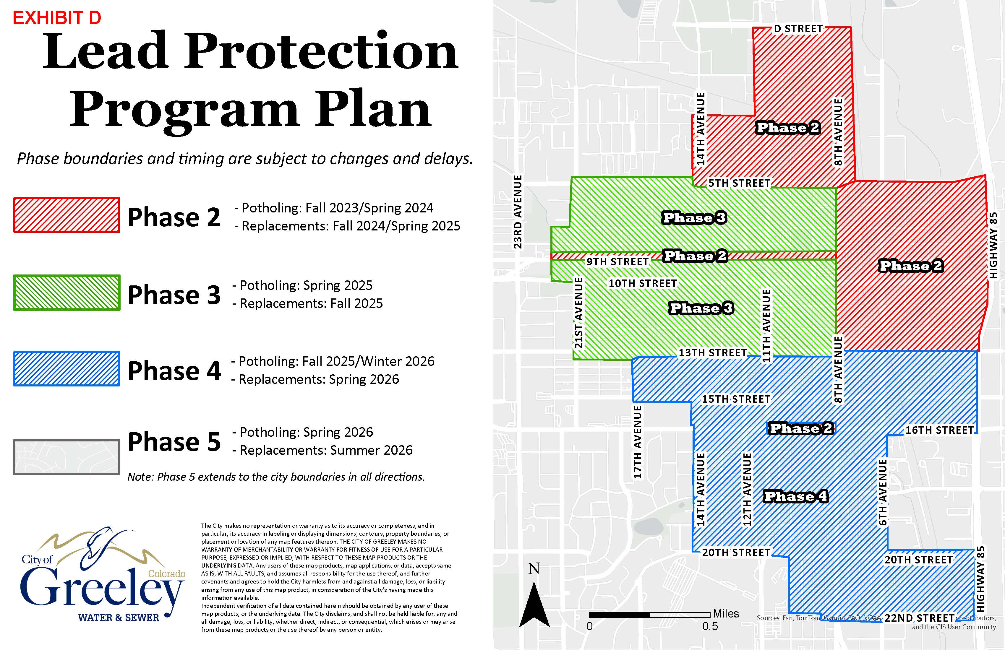 A map of the downtown Greeley area shows the four phases associated with potholing and replacing water service lines that contain lead.