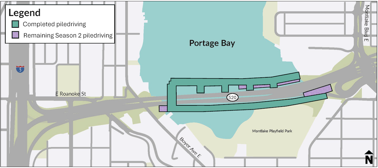 Map of Portage Bay and SR 520 piledriving areas. A green area indicates completed piledriving for the work trestle and purple indicates upcoming piledriving at the east and west ends of the trestle.