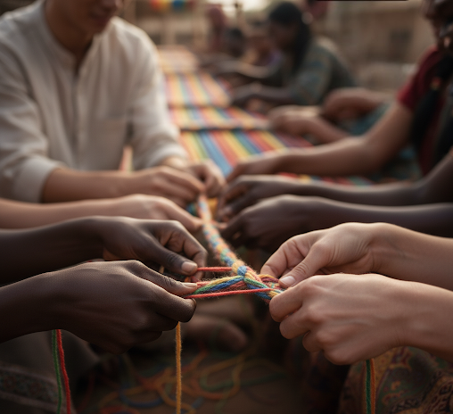 Hands braiding textile fabric into rope