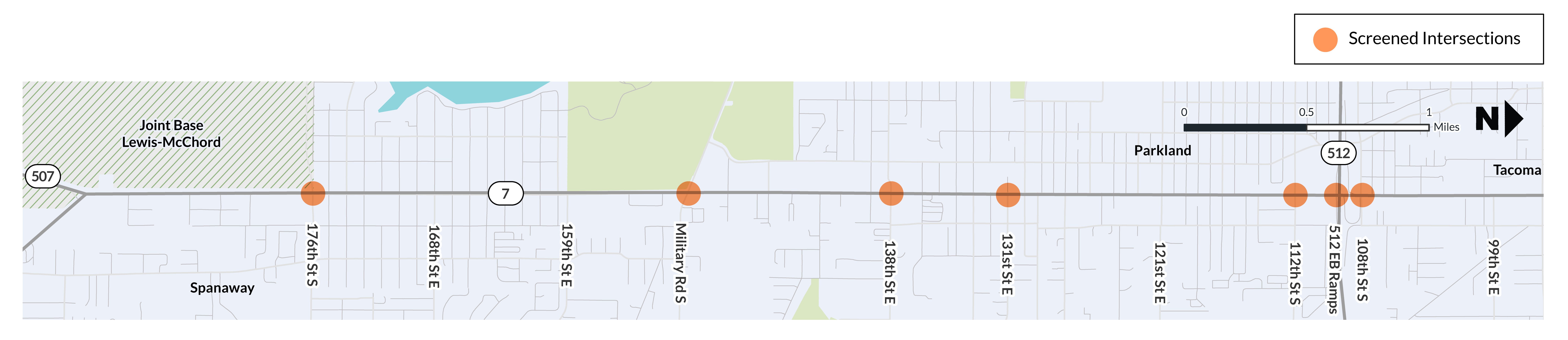 A map shows orange dots on a line to mark the screened intersections between SR 507 and SR 512. The intersections are shown from left to right at 176th Street South, Military Road South, 138th Street South, 131st Street South, 112th Street South, and near the SR 512 interchange at 108th Street South. A legend identifies the screened intersections, and a scale shows distances up to one mile.