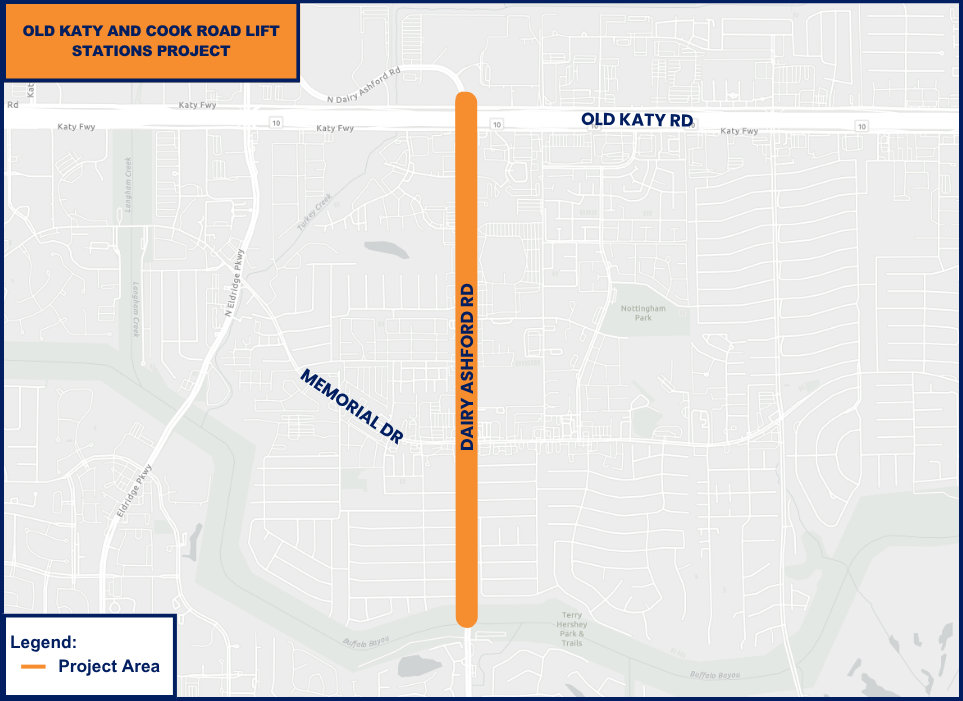 Map showing the Old Katy Road lift station project area along Dairy Ashford Road between Old Katy Road and Buffalo Bayou.