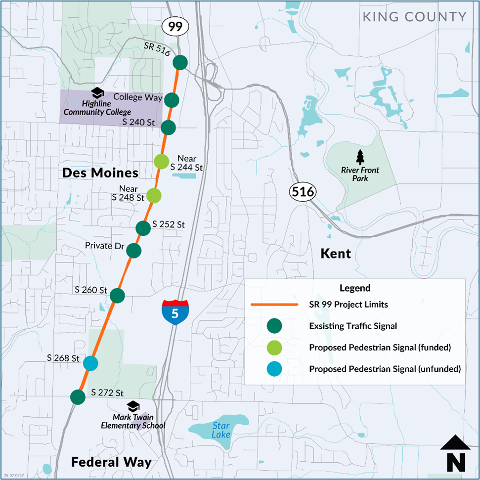  A map showing existing traffic signals on SR 99 with dark green circle, where pedestrians and bicyclists have protected crossings. These are at intersections for South 272nd Street, South 268th Street, South 260th Street, a private street for commercial businesses, South 252nd Street, South 240th Street, College Way, and SR 516. The map also shows a light green circle for proposed pedestrian signals that are funded near South 244th Street and South 248th Street. One proposed pedestrian signal that is not funded is shown with a blue circle at South 268th Street.